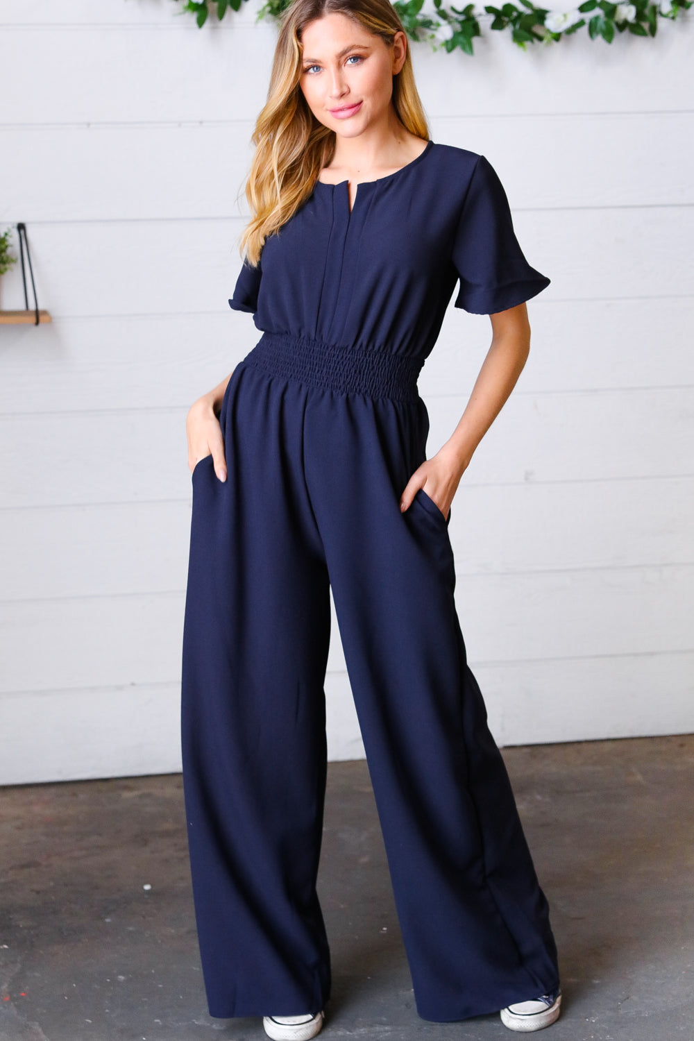 Dark Blue Smocked Waist Notch Neck Crepe Jumpsuit-Modish Lily, Tecumseh Michigan