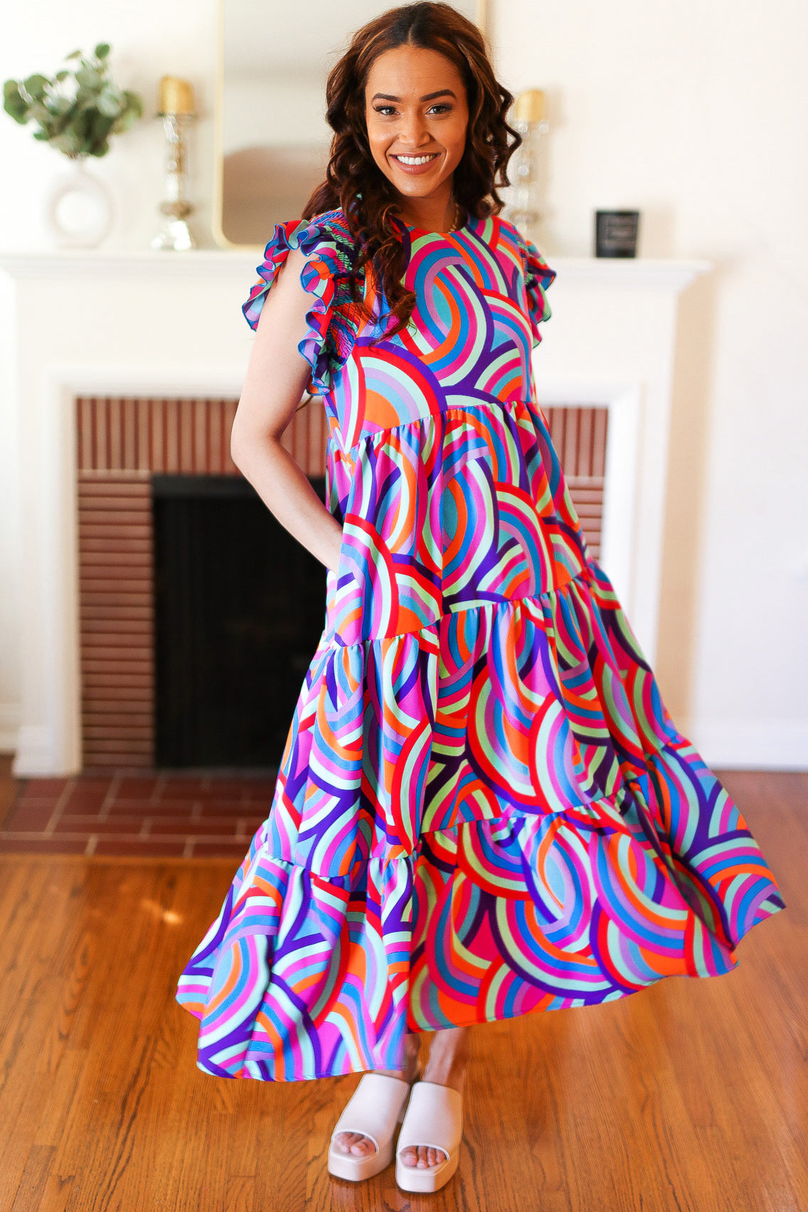 Feel Your Best Purple Abstract Print Smocked Ruffle Sleeve Maxi Dress-Modish Lily, Tecumseh Michigan