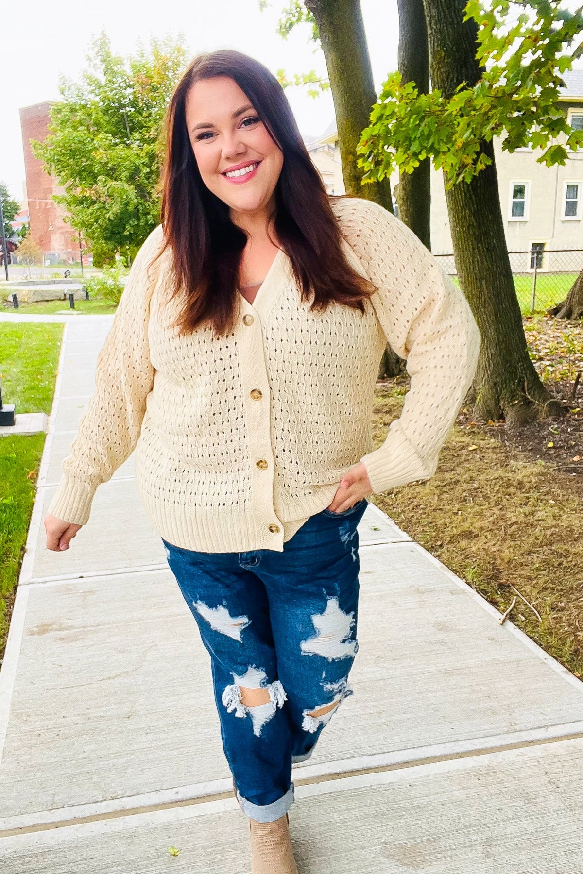 Follow Me Oatmeal Pointelle Knit Button Down Cardigan-2024 Blow-Out Sale-Modish Lily, Tecumseh Michigan