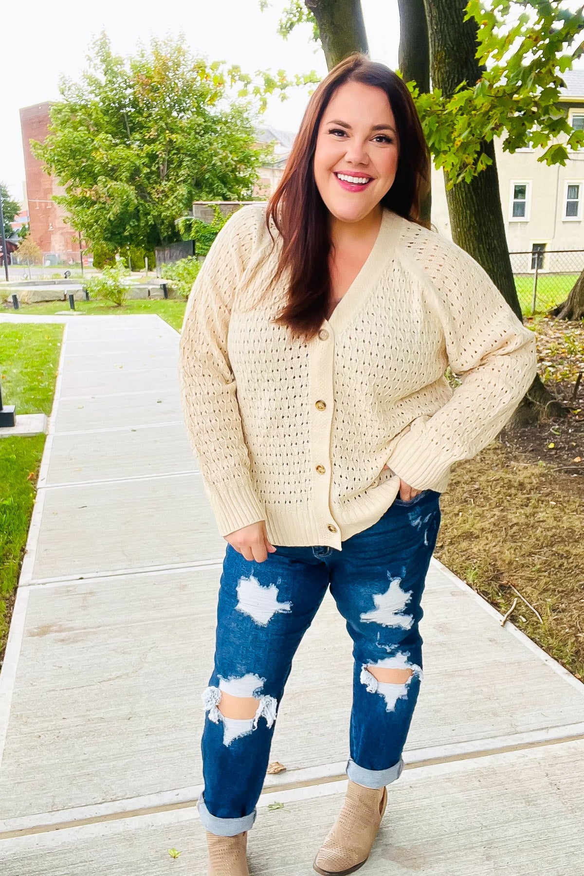 Follow Me Oatmeal Pointelle Knit Button Down Cardigan-2024 Blow-Out Sale-Modish Lily, Tecumseh Michigan