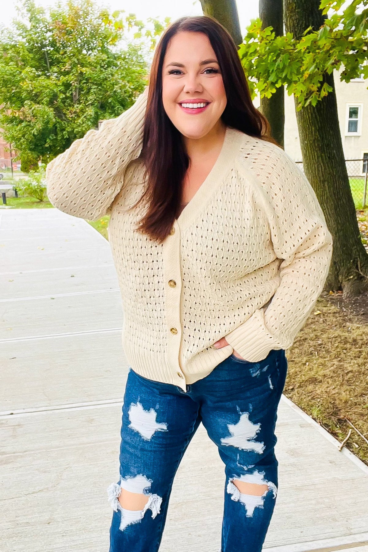 Follow Me Oatmeal Pointelle Knit Button Down Cardigan-2024 Blow-Out Sale-Modish Lily, Tecumseh Michigan