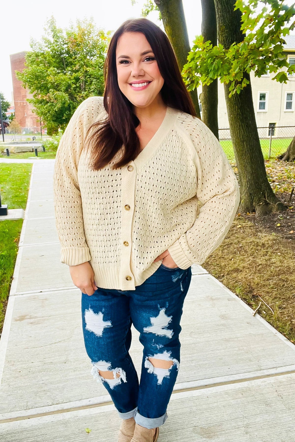 Follow Me Oatmeal Pointelle Knit Button Down Cardigan-2024 Blow-Out Sale-Modish Lily, Tecumseh Michigan