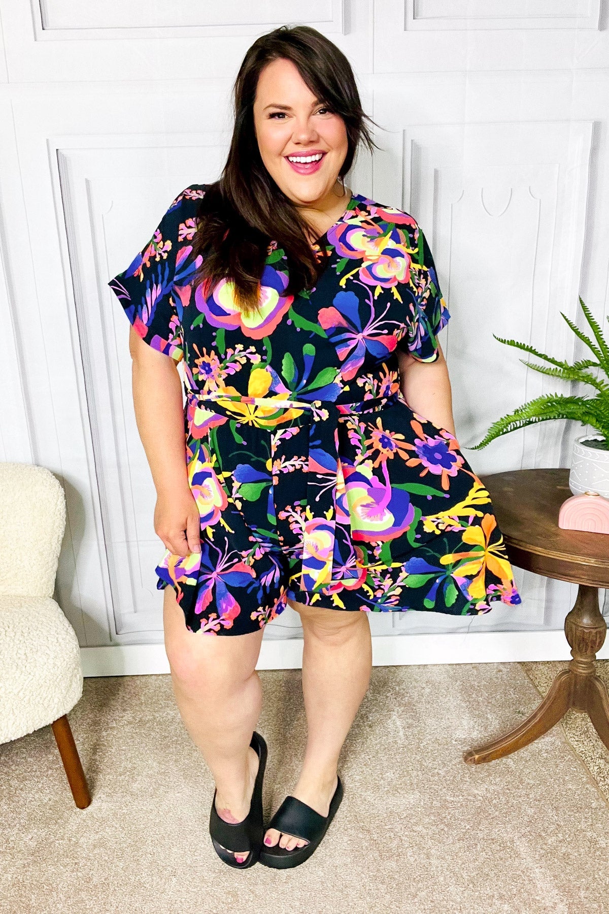Live For Today Black Floral Surplice Woven Romper-Modish Lily, Tecumseh Michigan