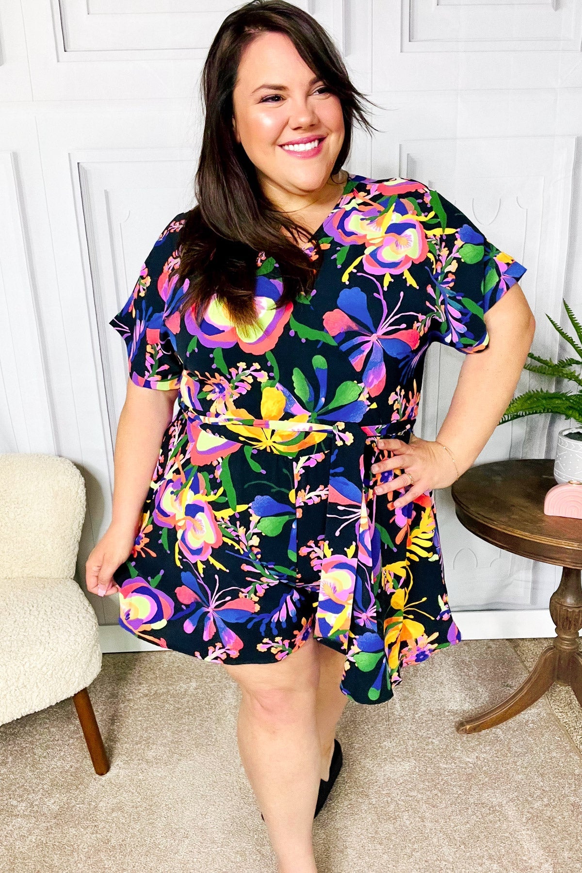 Live For Today Black Floral Surplice Woven Romper-Modish Lily, Tecumseh Michigan