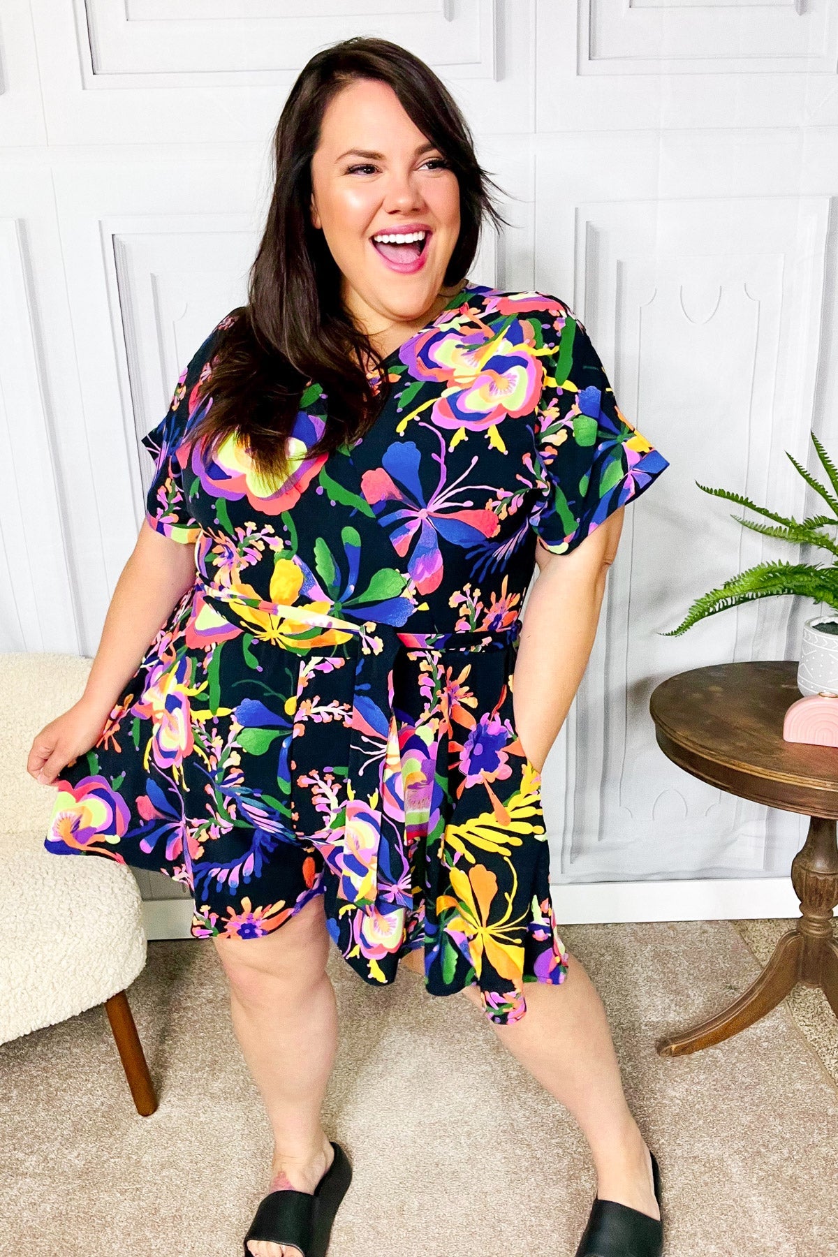 Live For Today Black Floral Surplice Woven Romper-Modish Lily, Tecumseh Michigan