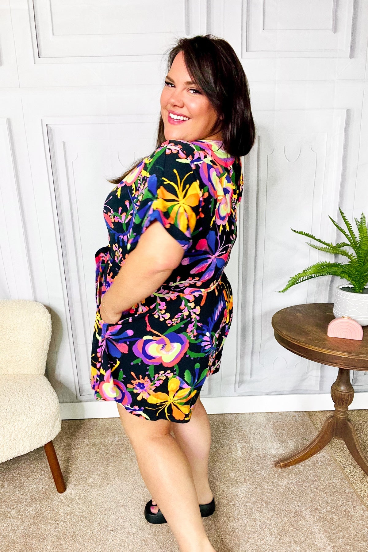 Live For Today Black Floral Surplice Woven Romper-Modish Lily, Tecumseh Michigan