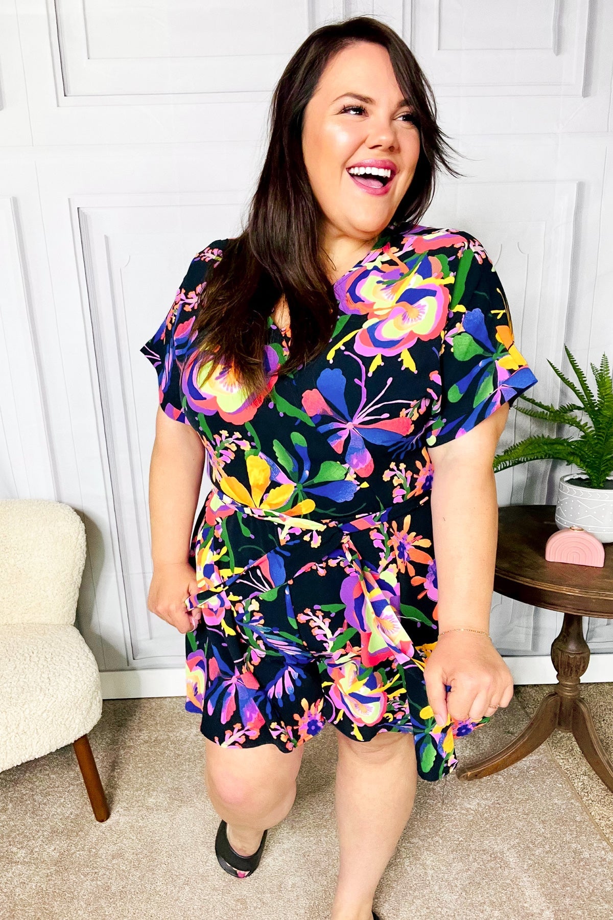 Live For Today Black Floral Surplice Woven Romper-Modish Lily, Tecumseh Michigan