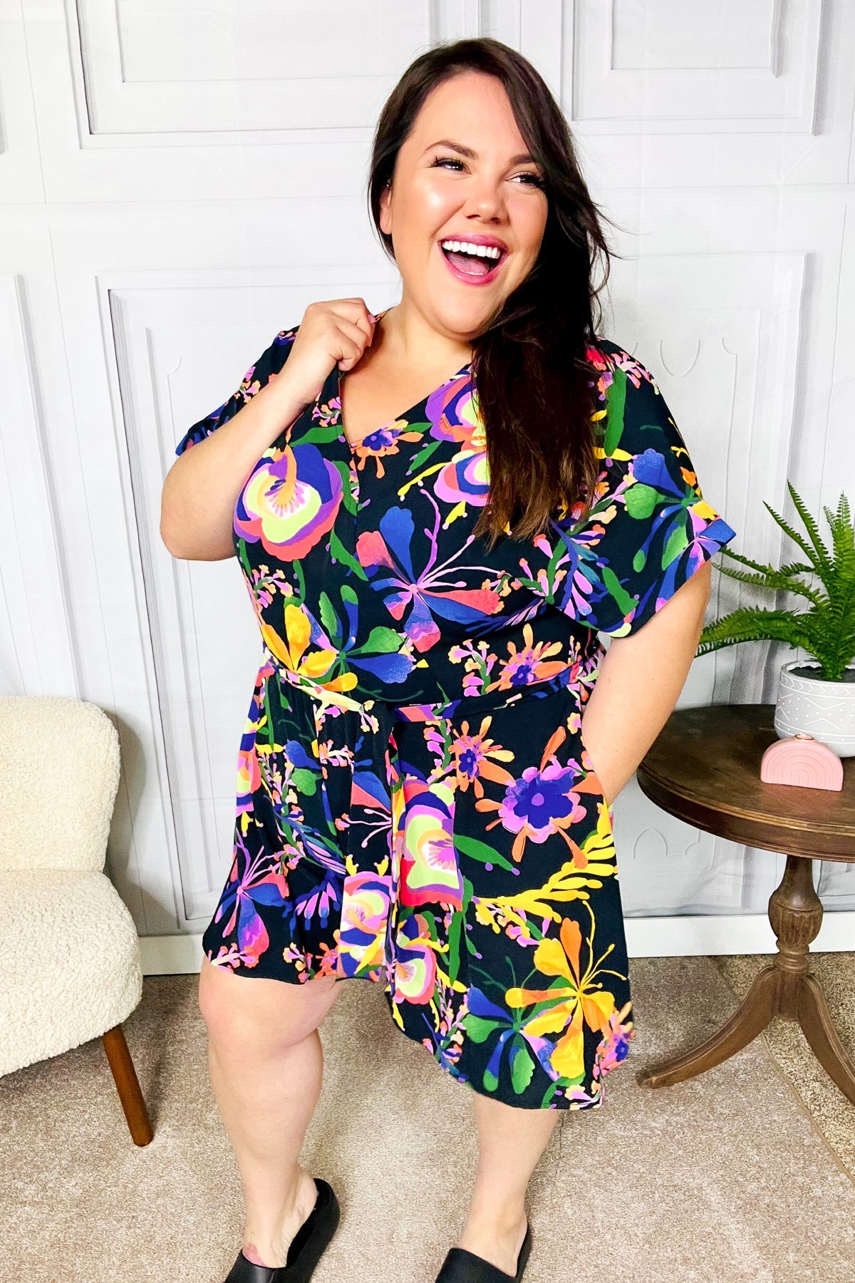 Live For Today Black Floral Surplice Woven Romper-Modish Lily, Tecumseh Michigan