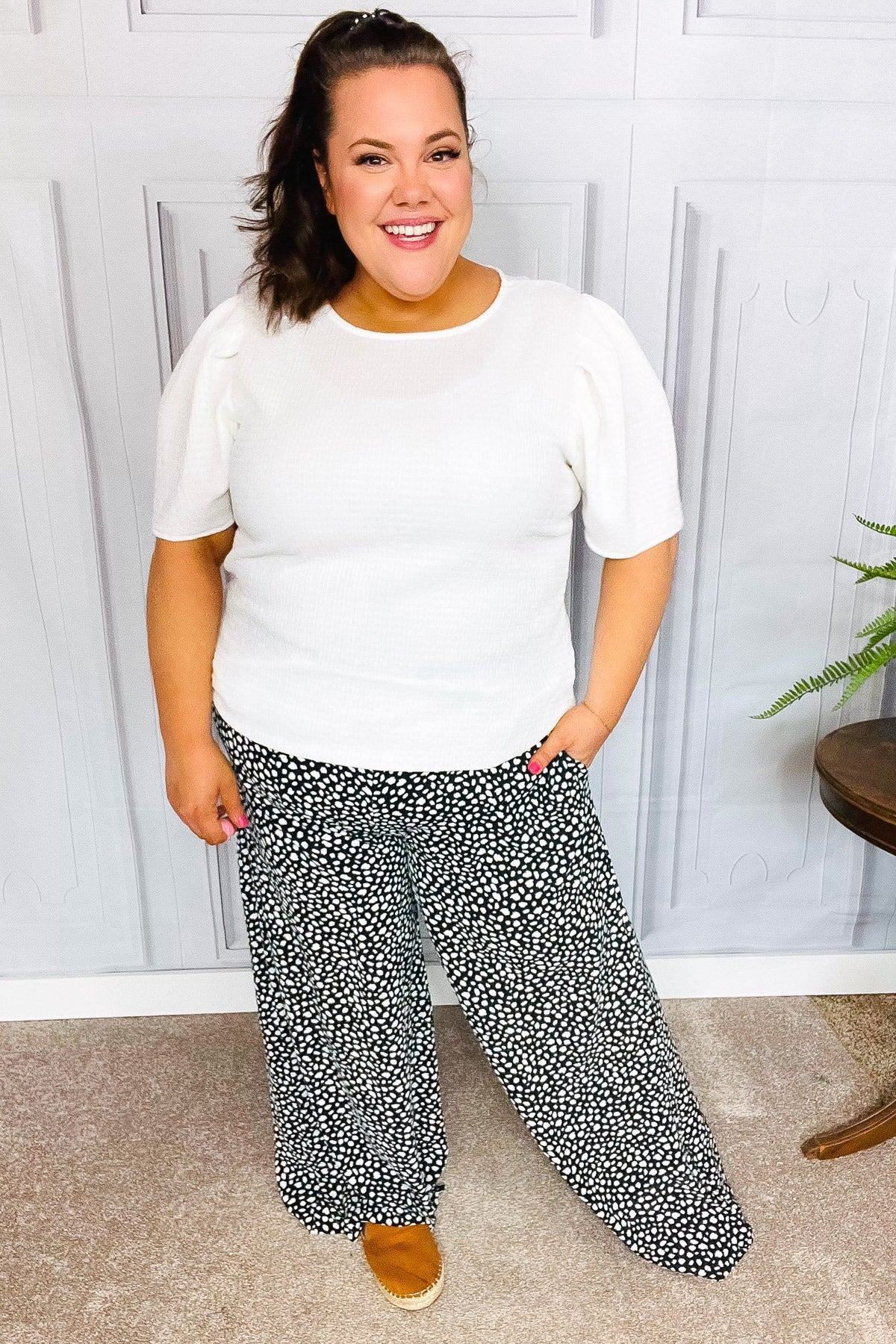 Let's Meet Up Black Animal Print Smocked Waist Palazzo Pants-Modish Lily, Tecumseh Michigan
