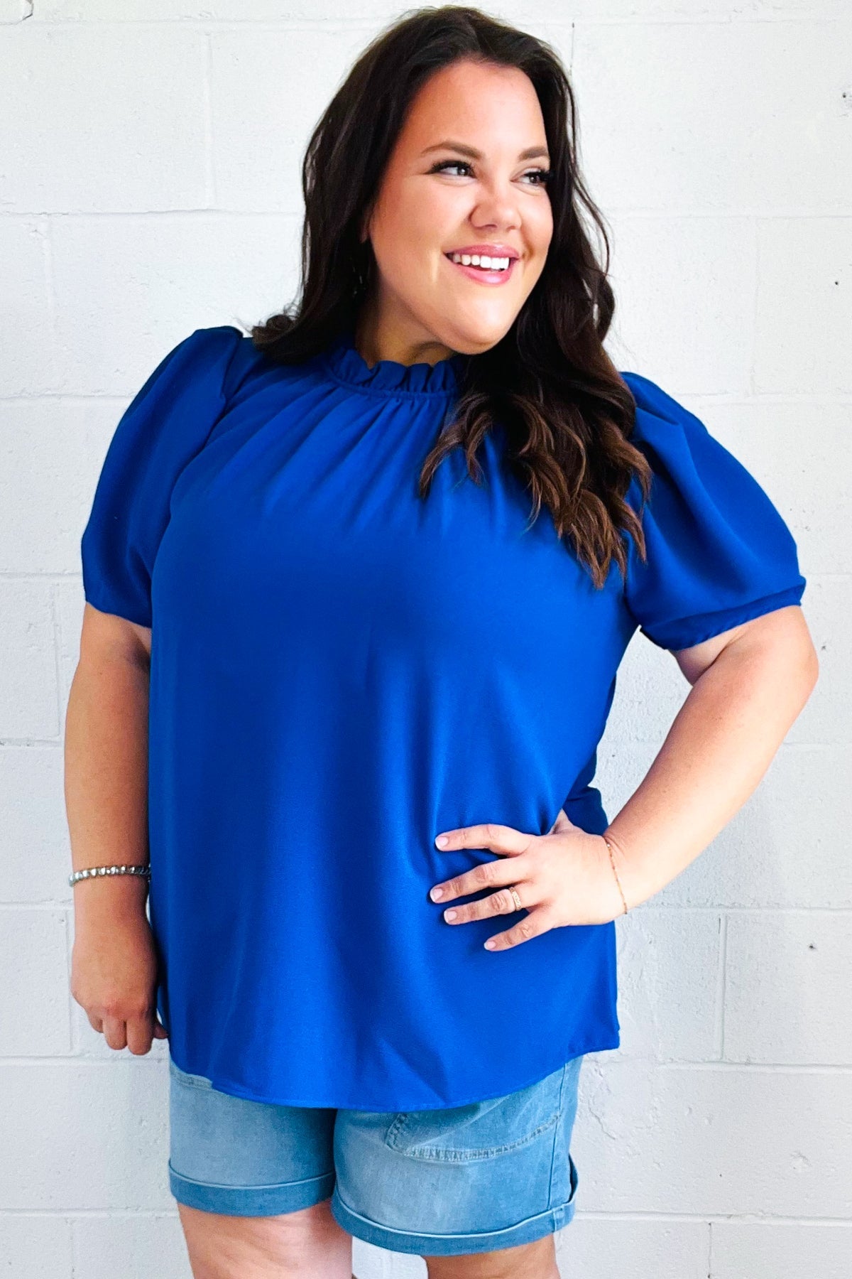 Lovely In Holiday Blue Frill Mock Neck Woven Top-Modish Lily, Tecumseh Michigan