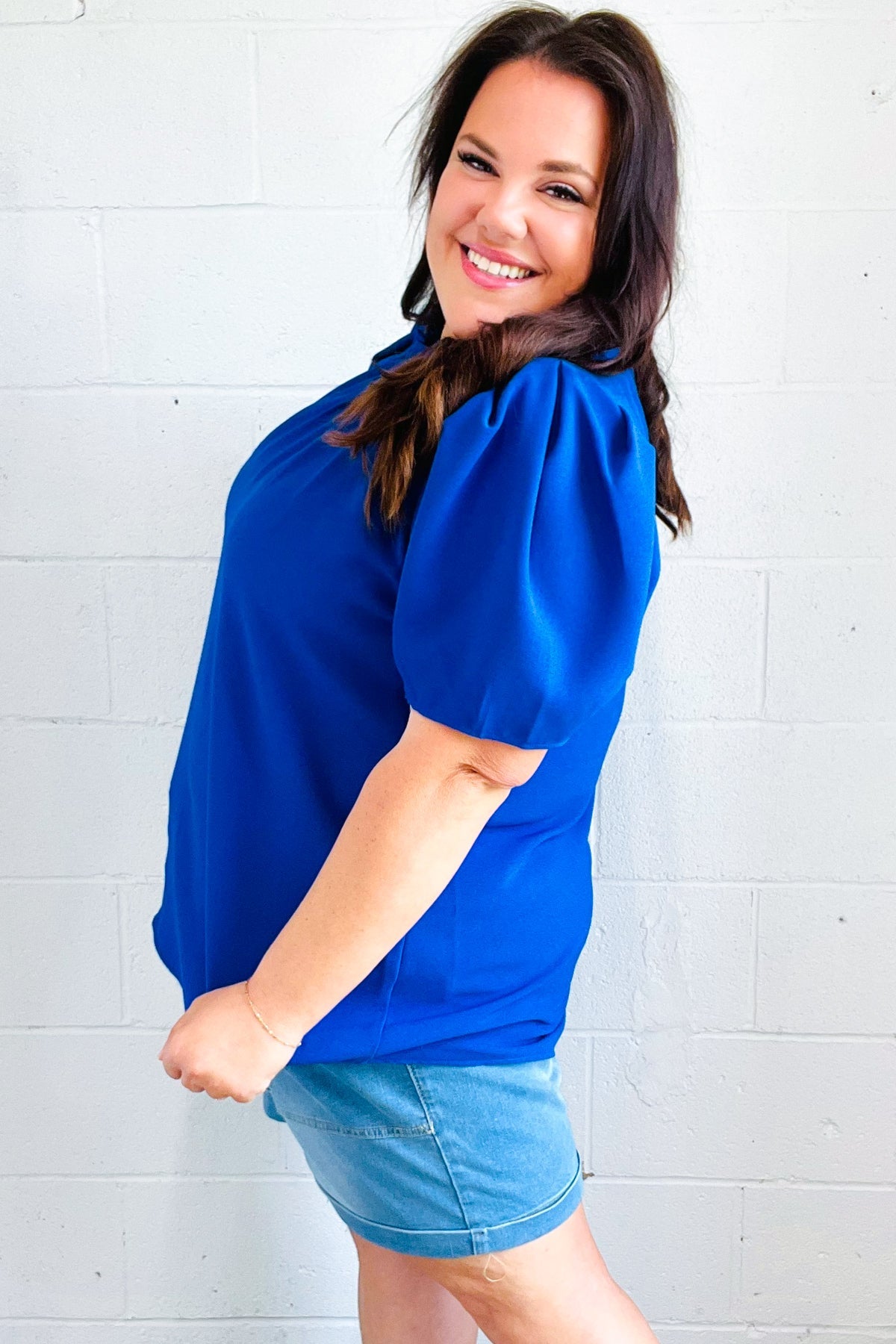 Lovely In Holiday Blue Frill Mock Neck Woven Top-Modish Lily, Tecumseh Michigan