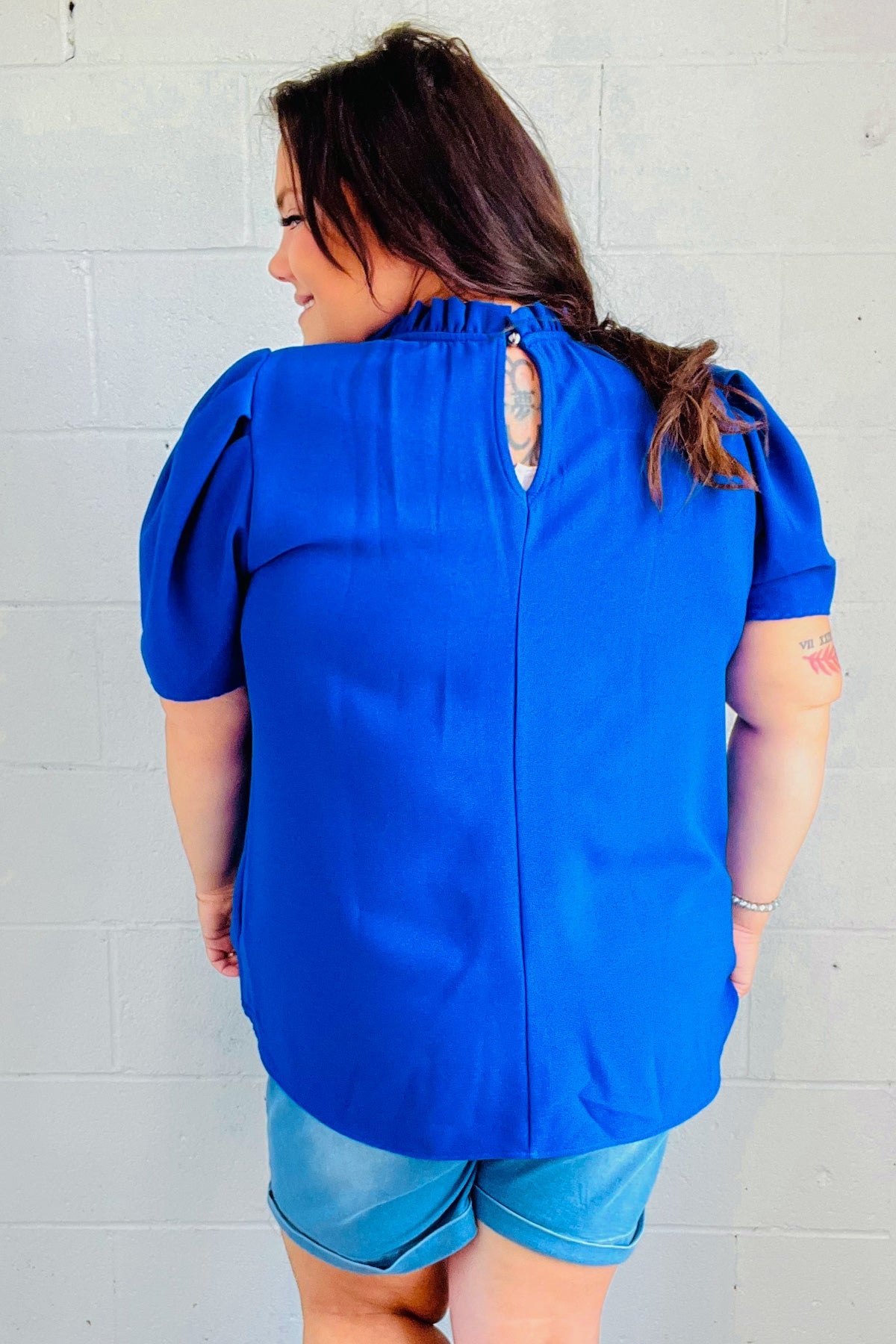 Lovely In Holiday Blue Frill Mock Neck Woven Top-Modish Lily, Tecumseh Michigan