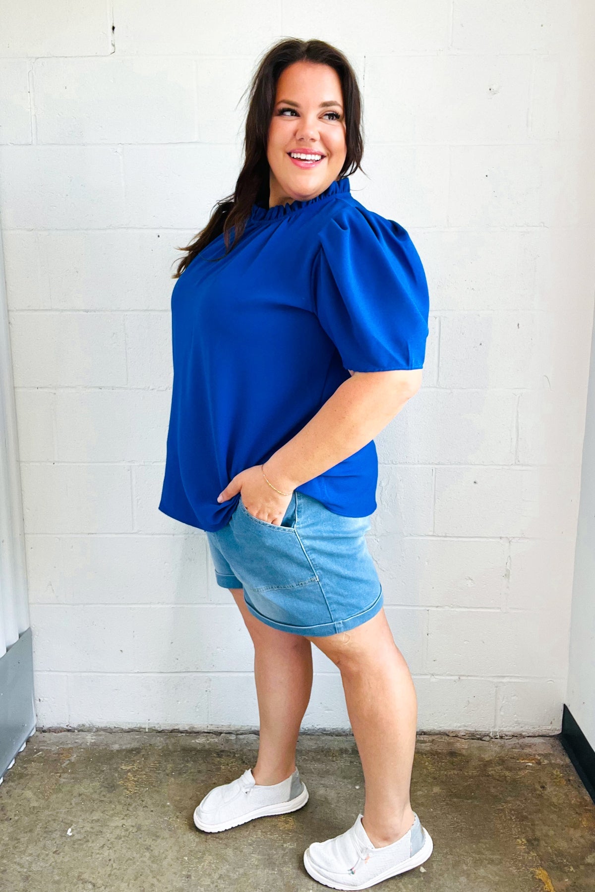 Lovely In Holiday Blue Frill Mock Neck Woven Top-Modish Lily, Tecumseh Michigan