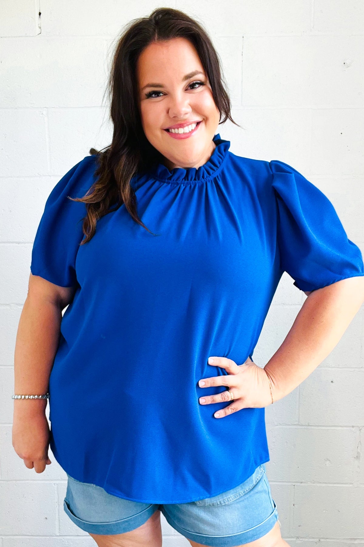 Lovely In Holiday Blue Frill Mock Neck Woven Top-Modish Lily, Tecumseh Michigan