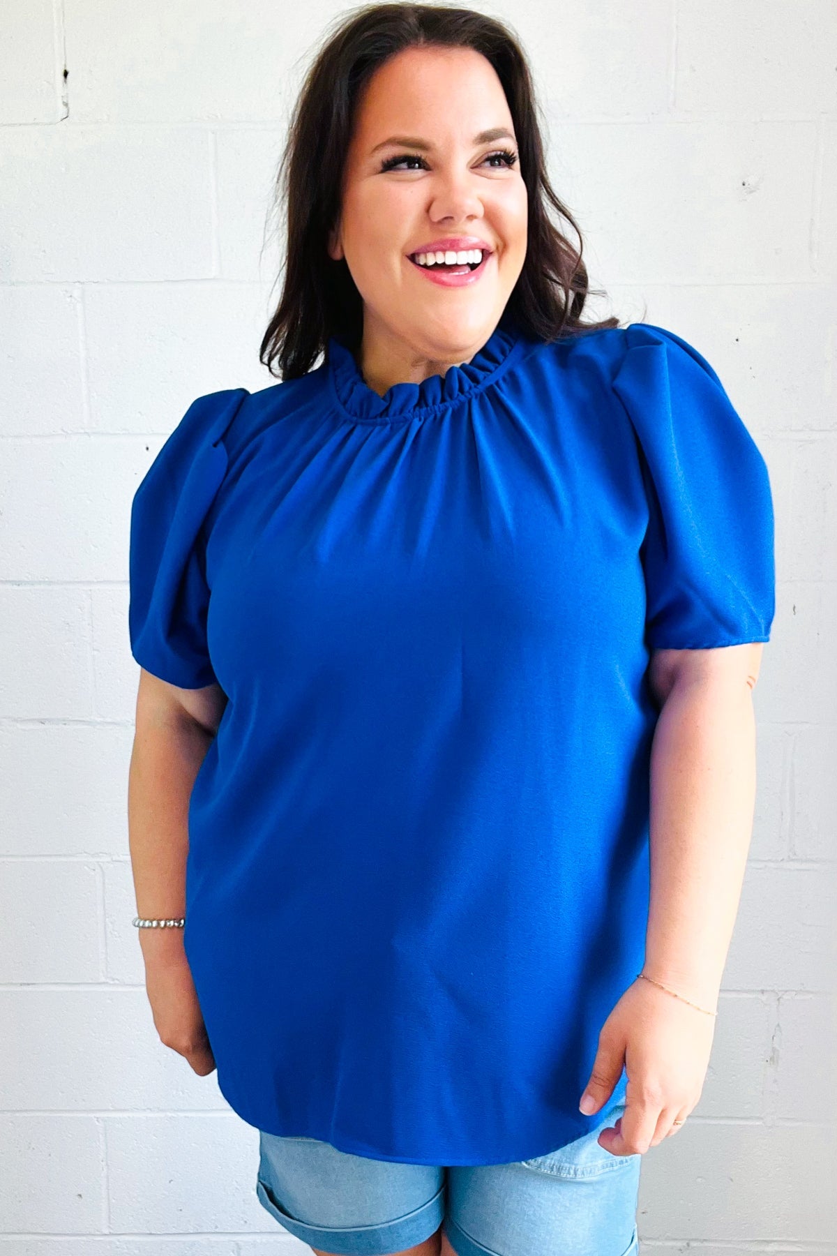 Lovely In Holiday Blue Frill Mock Neck Woven Top-Modish Lily, Tecumseh Michigan