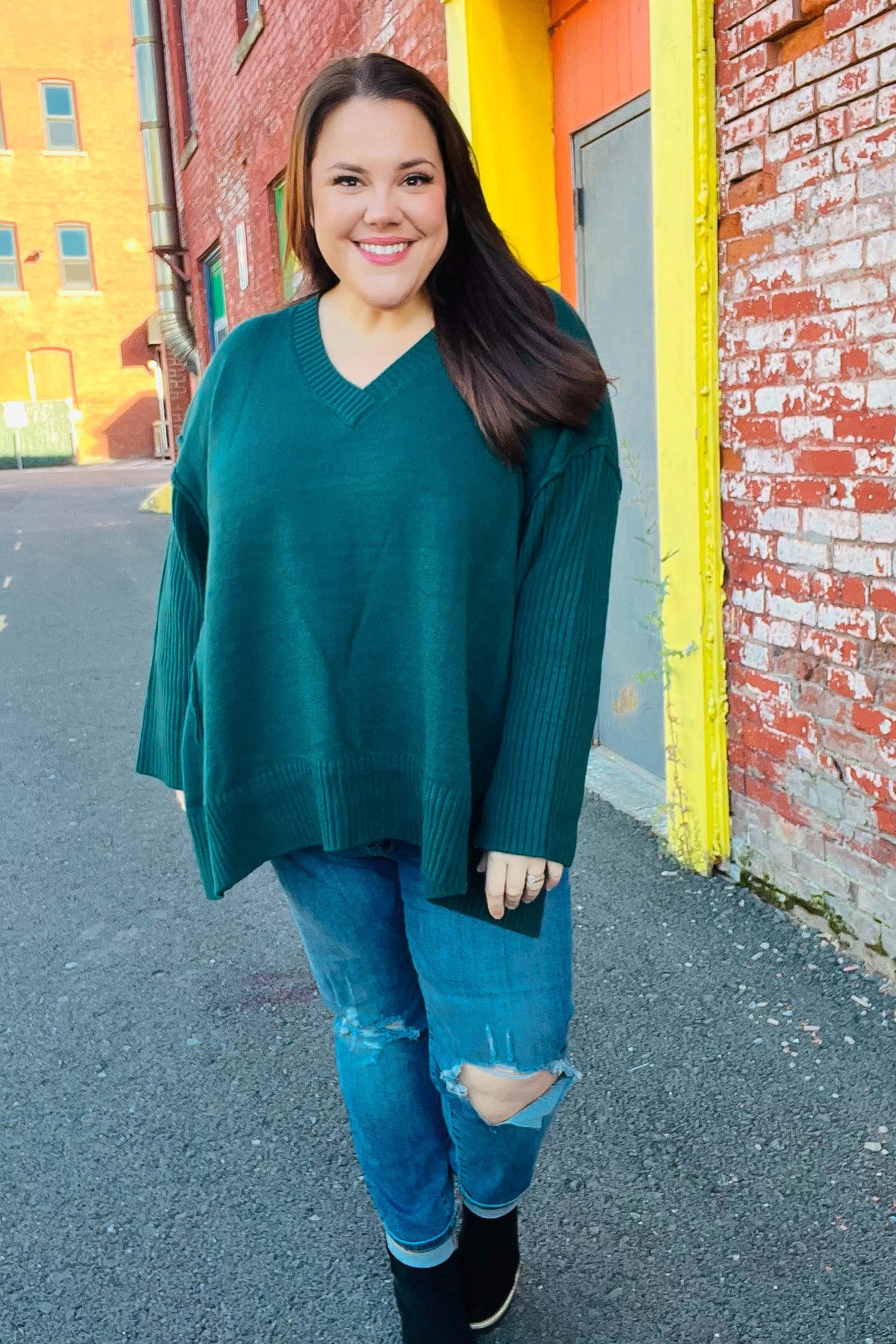Casual Chic Hunter Green Oversized V Neck Rib Knit Sweater-2024 Blow-Out Sale-Modish Lily, Tecumseh Michigan