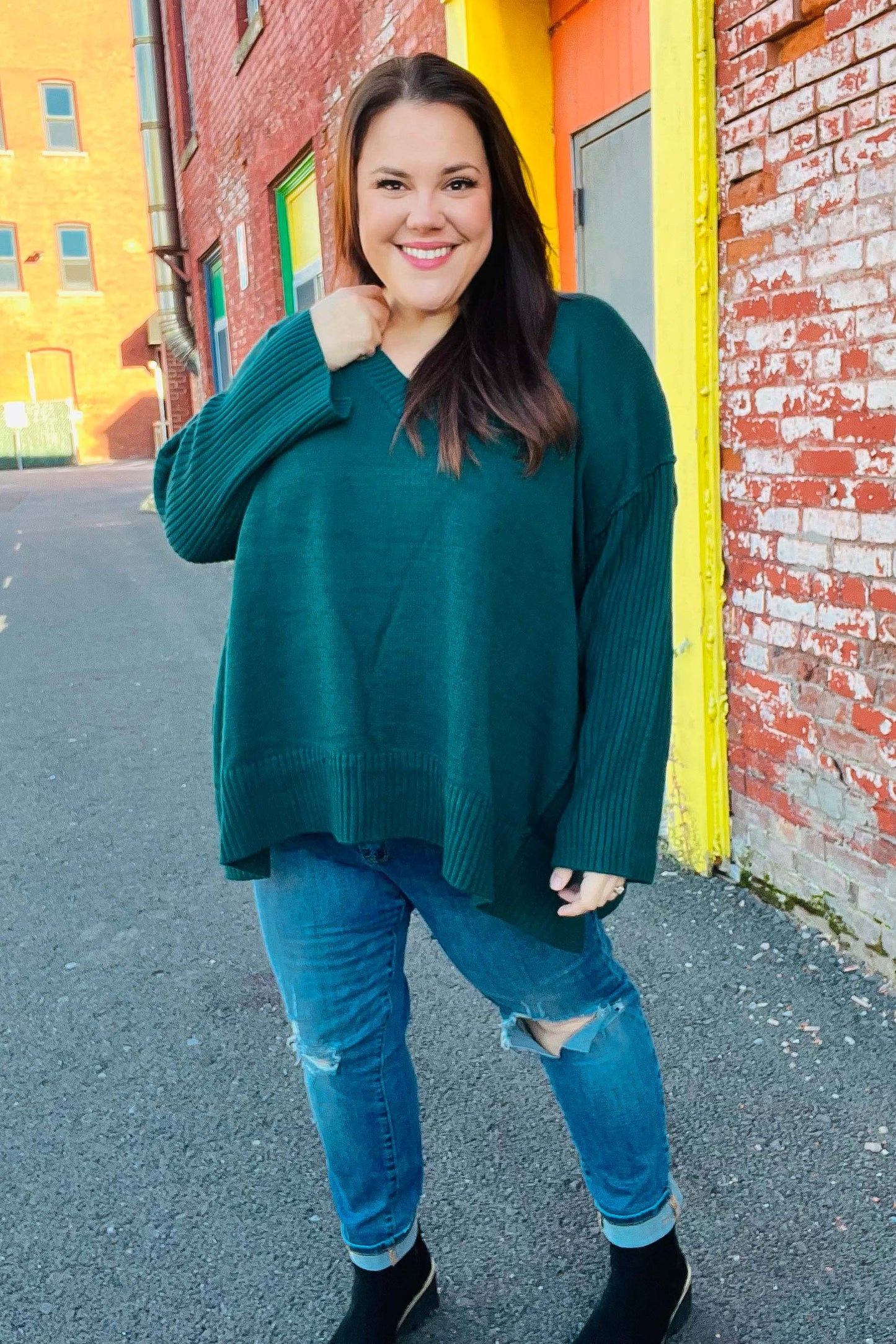 Casual Chic Hunter Green Oversized V Neck Rib Knit Sweater-2024 Blow-Out Sale-Modish Lily, Tecumseh Michigan