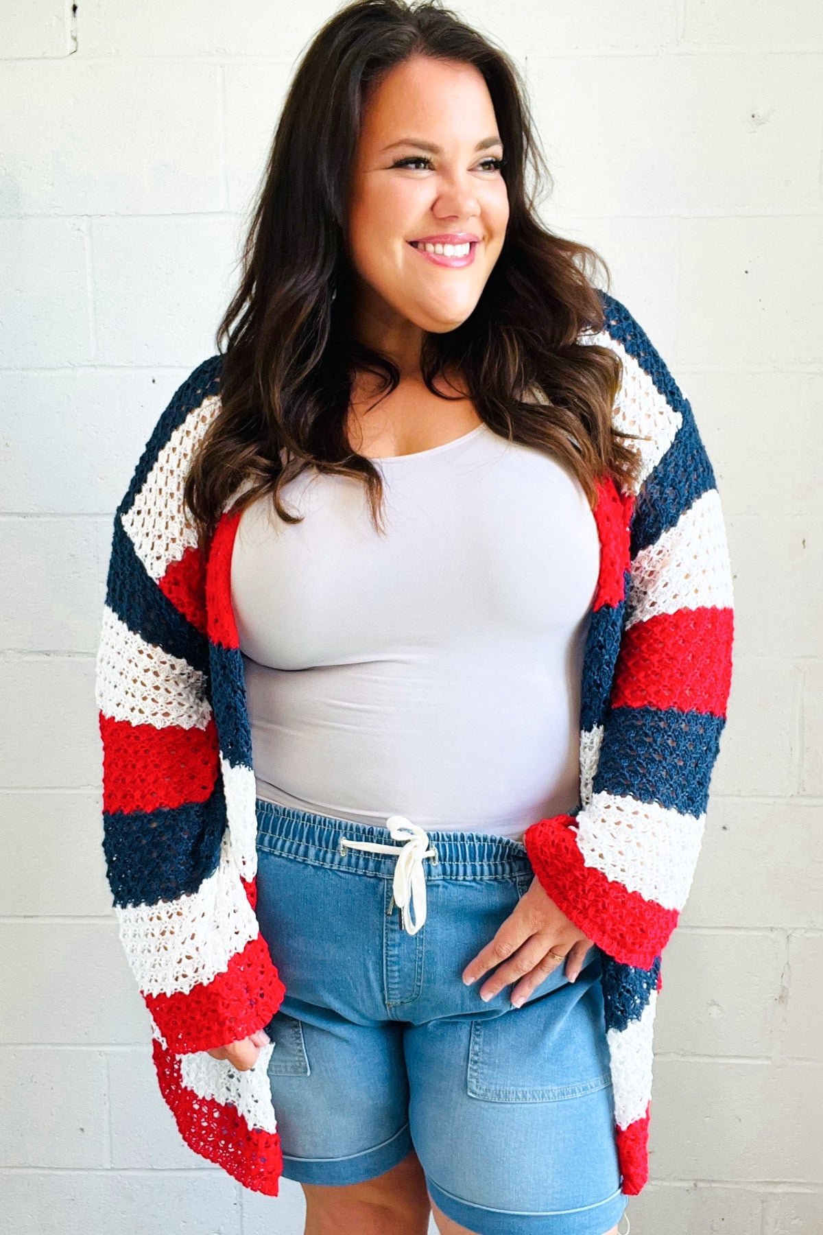 Simply Patriotic Red White & Blue Striped Crochet Cardigan-Modish Lily, Tecumseh Michigan