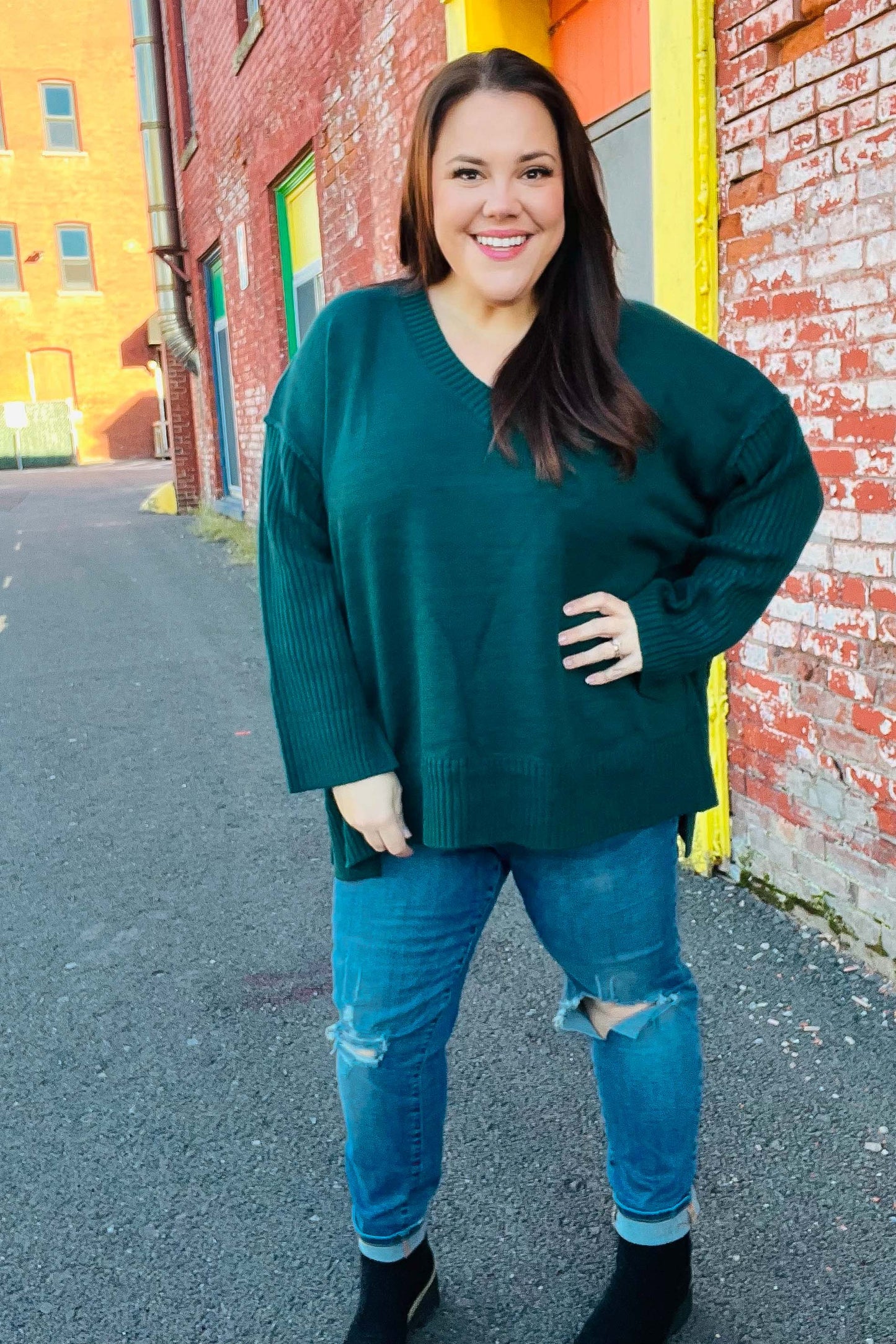 Casual Chic Hunter Green Oversized V Neck Rib Knit Sweater-2024 Blow-Out Sale-Modish Lily, Tecumseh Michigan