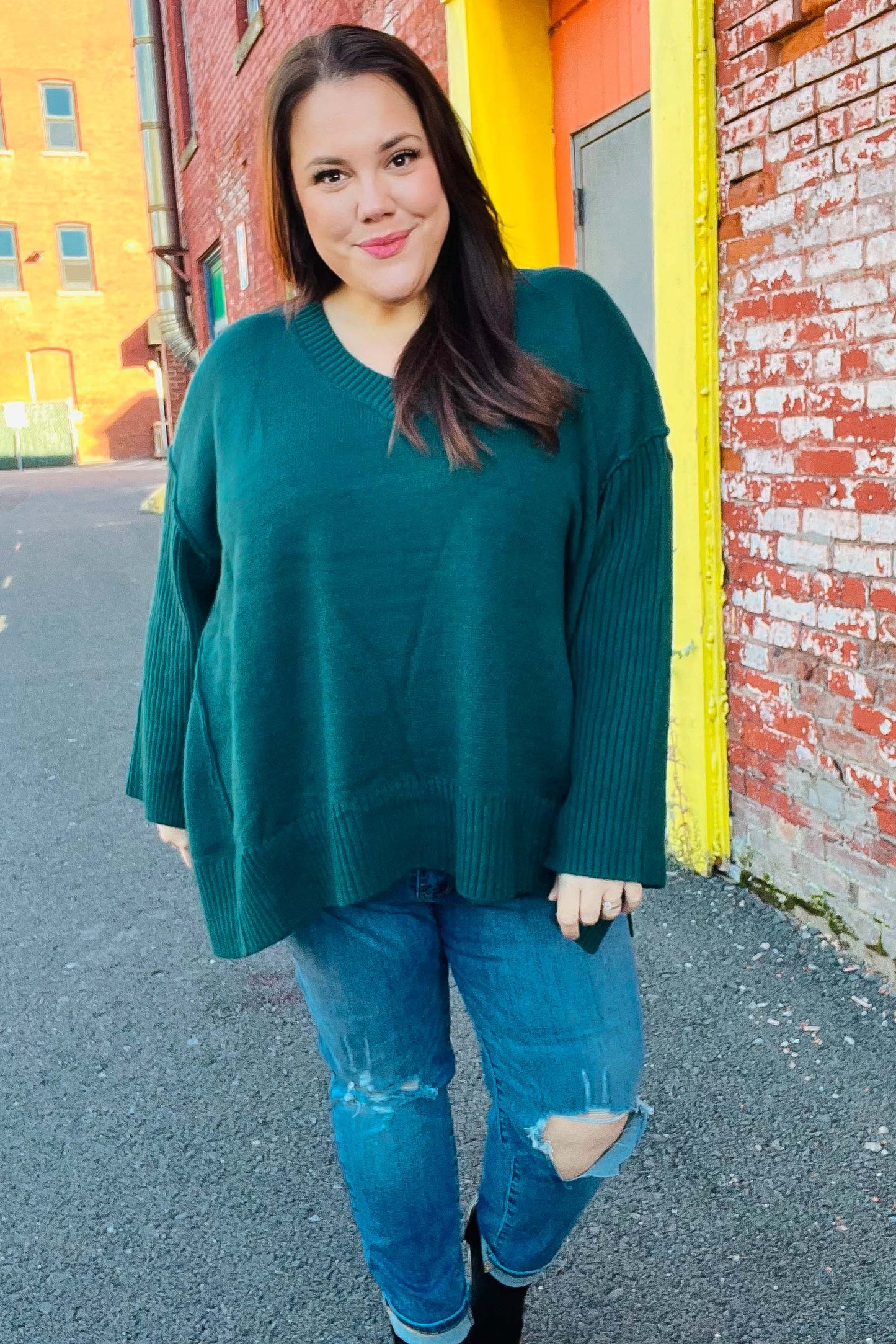 Casual Chic Hunter Green Oversized V Neck Rib Knit Sweater-2024 Blow-Out Sale-Modish Lily, Tecumseh Michigan
