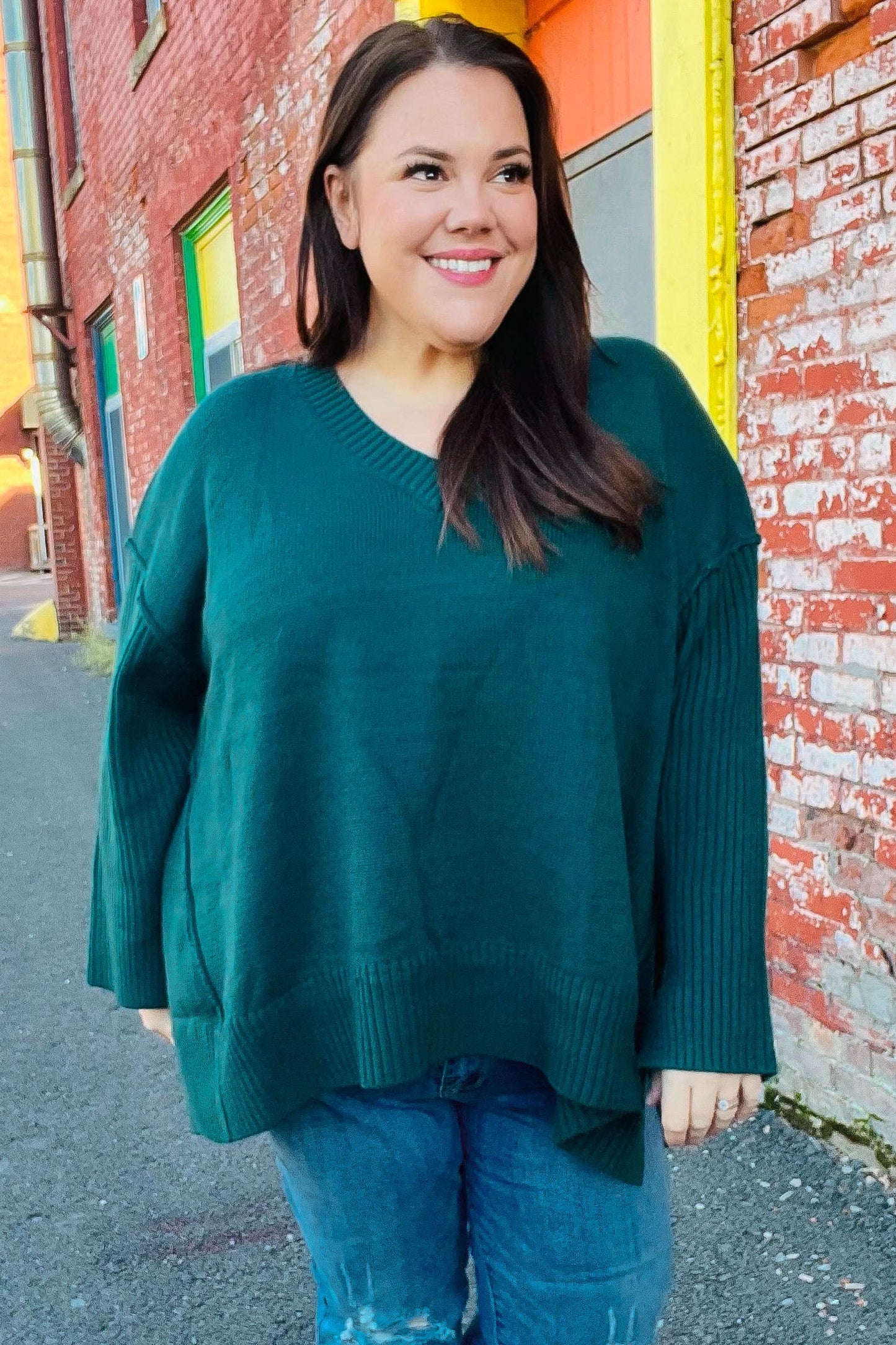 Casual Chic Hunter Green Oversized V Neck Rib Knit Sweater-2024 Blow-Out Sale-Modish Lily, Tecumseh Michigan