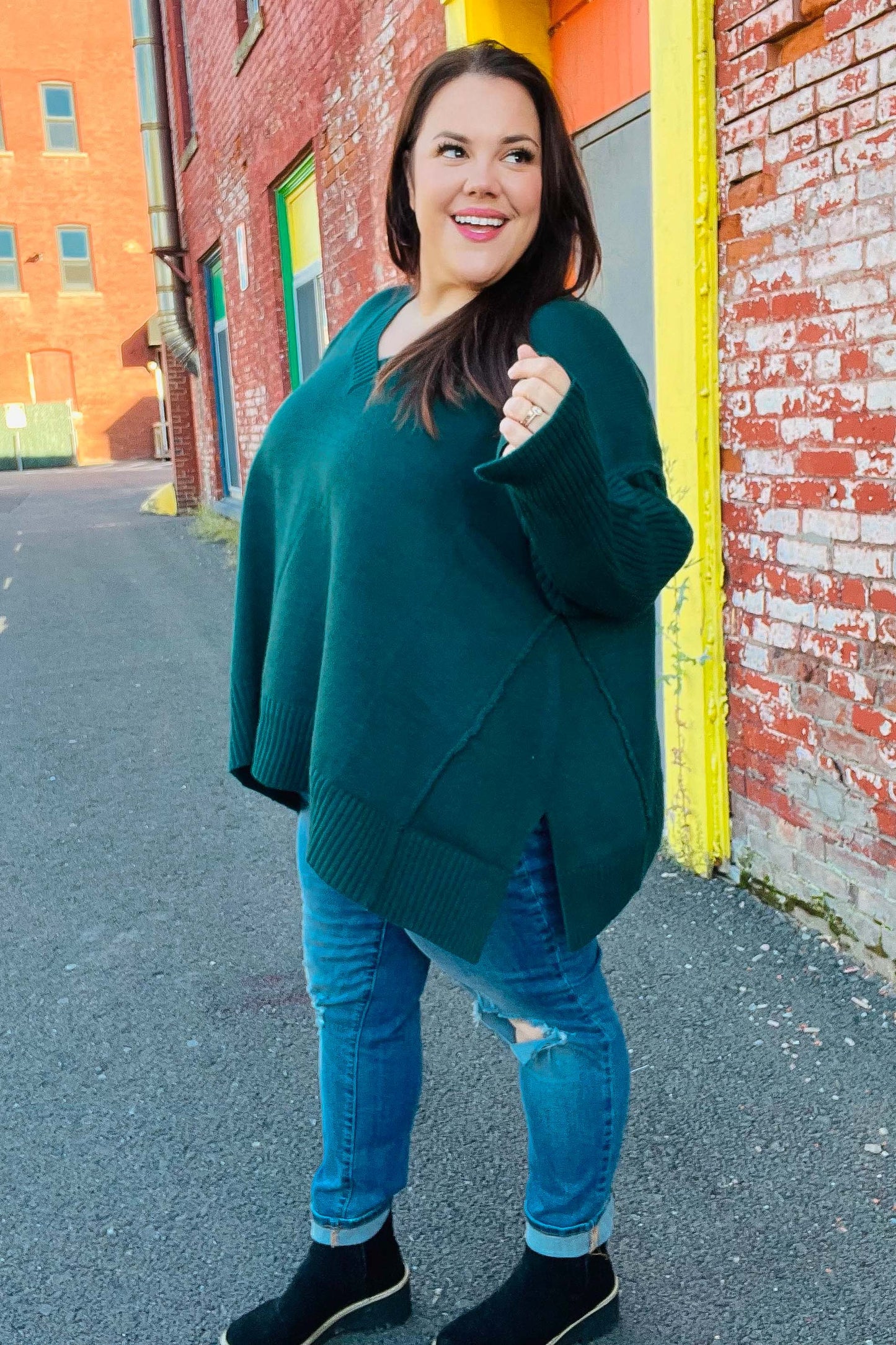 Casual Chic Hunter Green Oversized V Neck Rib Knit Sweater-2024 Blow-Out Sale-Modish Lily, Tecumseh Michigan