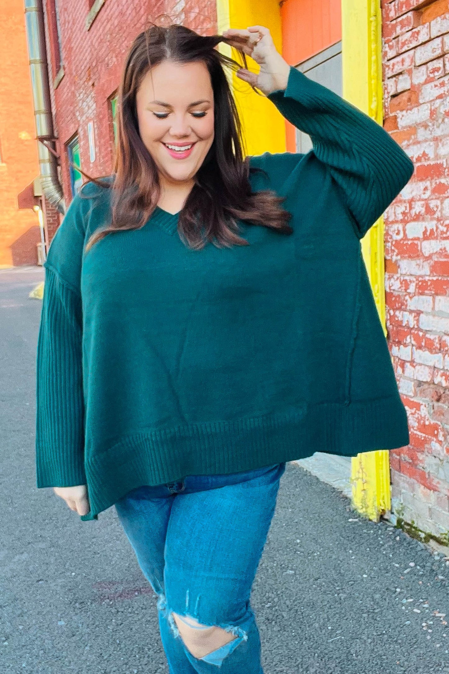 Casual Chic Hunter Green Oversized V Neck Rib Knit Sweater-2024 Blow-Out Sale-Modish Lily, Tecumseh Michigan
