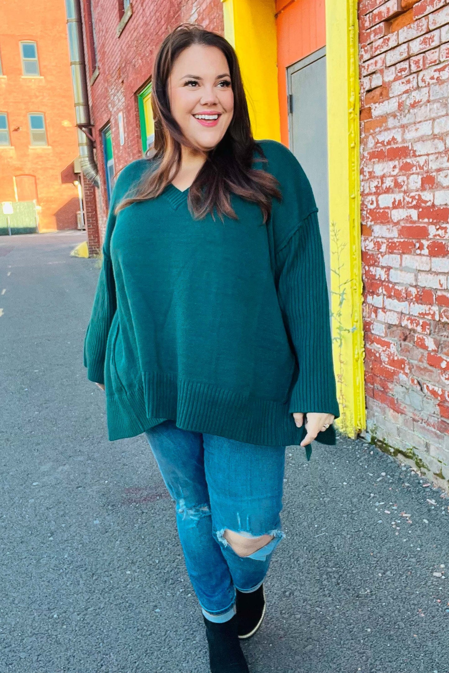 Casual Chic Hunter Green Oversized V Neck Rib Knit Sweater-2024 Blow-Out Sale-Modish Lily, Tecumseh Michigan