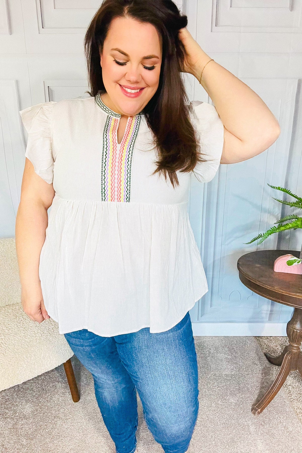 Weekend Ready Taupe Embroidered Notched Neck Babydoll Top-Modish Lily, Tecumseh Michigan