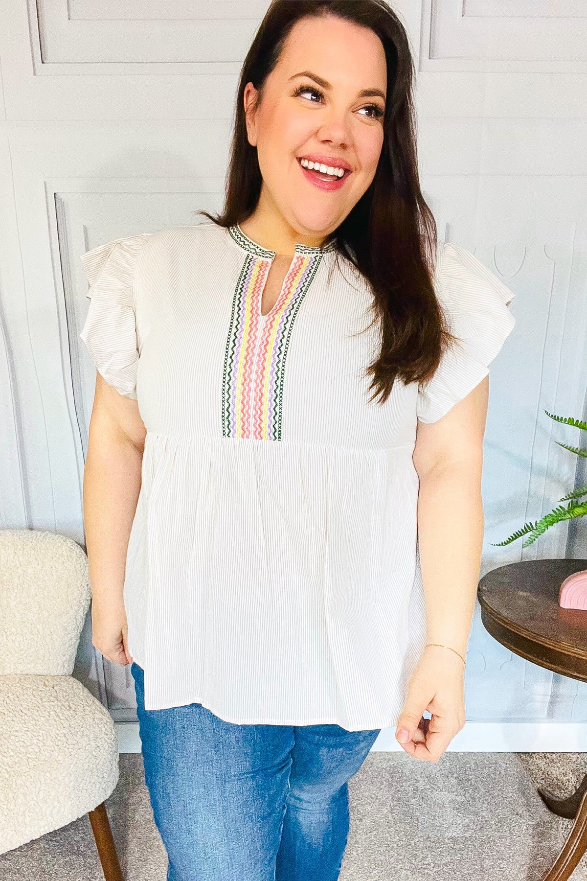 Weekend Ready Taupe Embroidered Notched Neck Babydoll Top-Modish Lily, Tecumseh Michigan