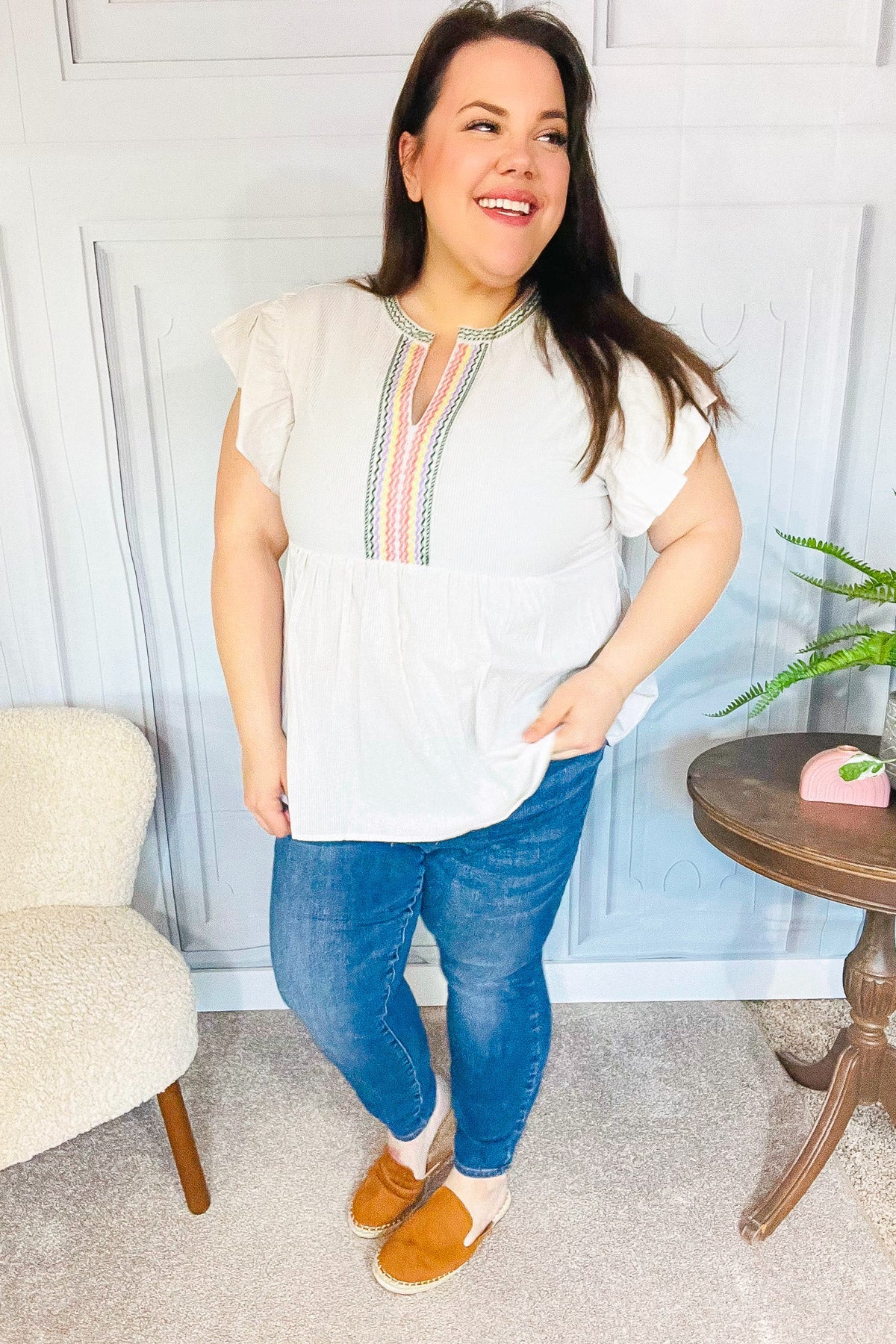 Weekend Ready Taupe Embroidered Notched Neck Babydoll Top-Modish Lily, Tecumseh Michigan