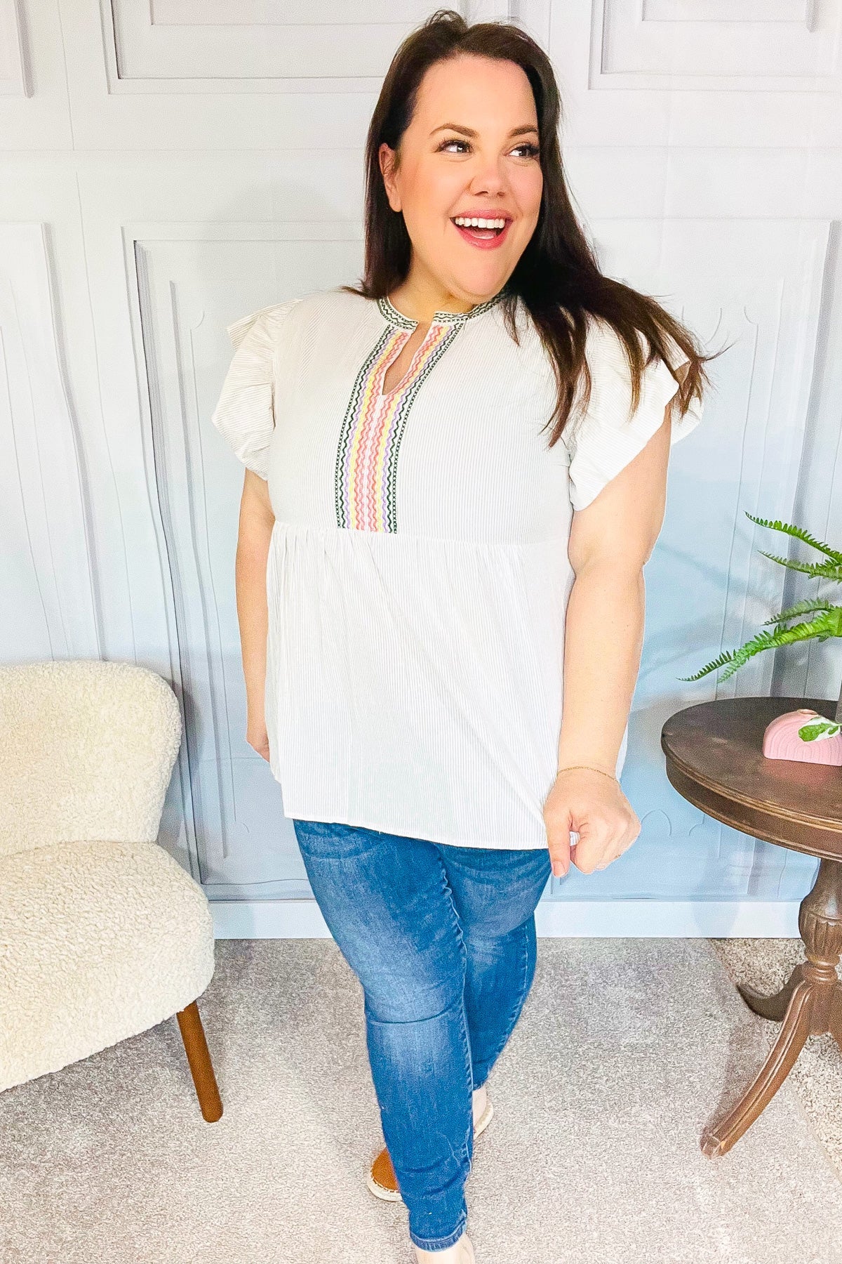 Weekend Ready Taupe Embroidered Notched Neck Babydoll Top-Modish Lily, Tecumseh Michigan