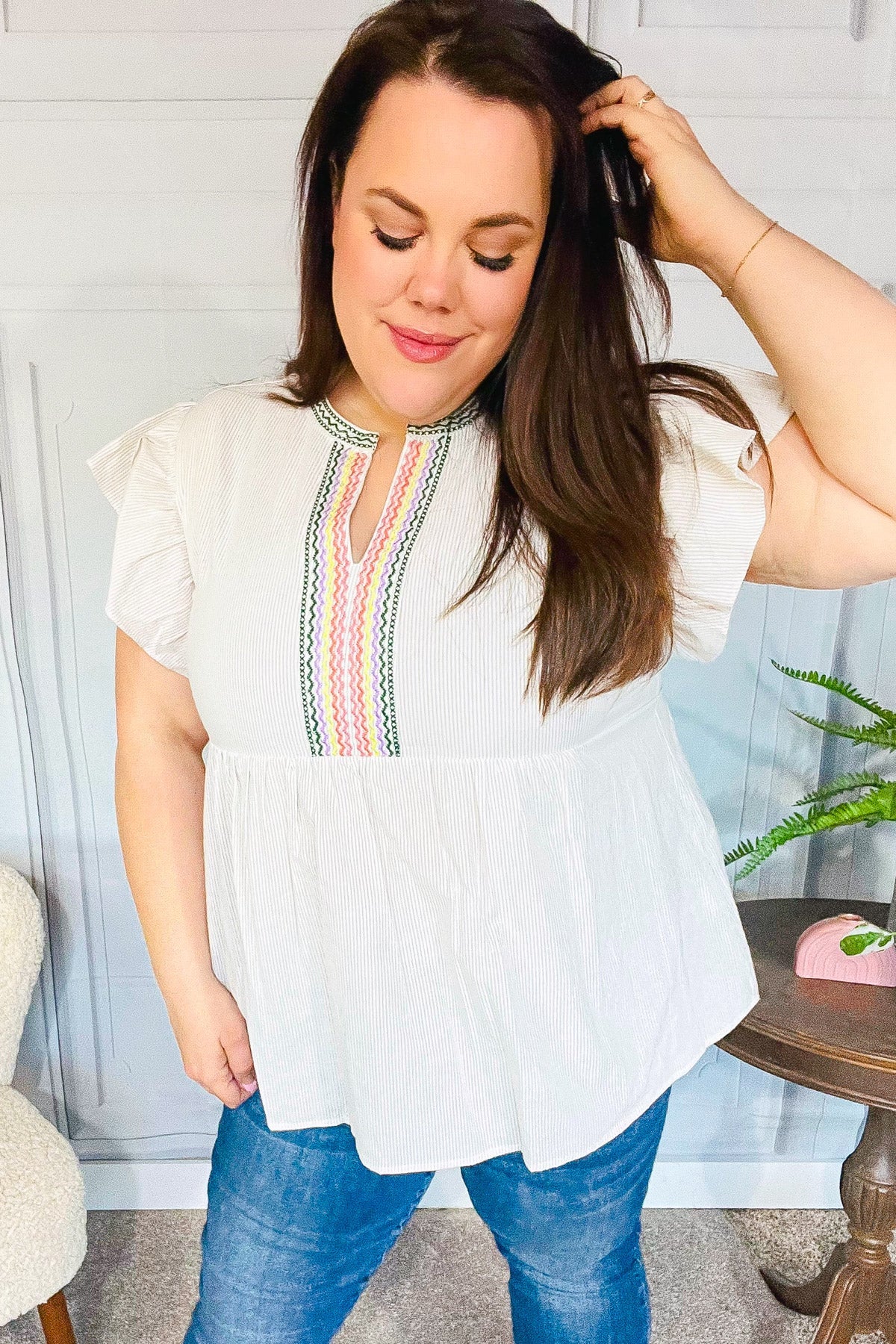 Weekend Ready Taupe Embroidered Notched Neck Babydoll Top-Modish Lily, Tecumseh Michigan
