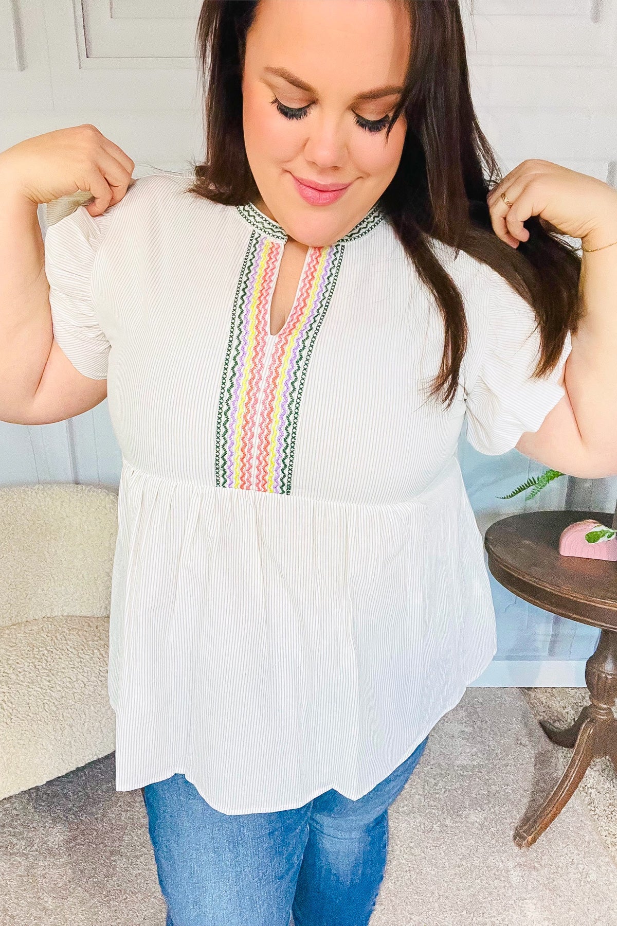 Weekend Ready Taupe Embroidered Notched Neck Babydoll Top-Modish Lily, Tecumseh Michigan