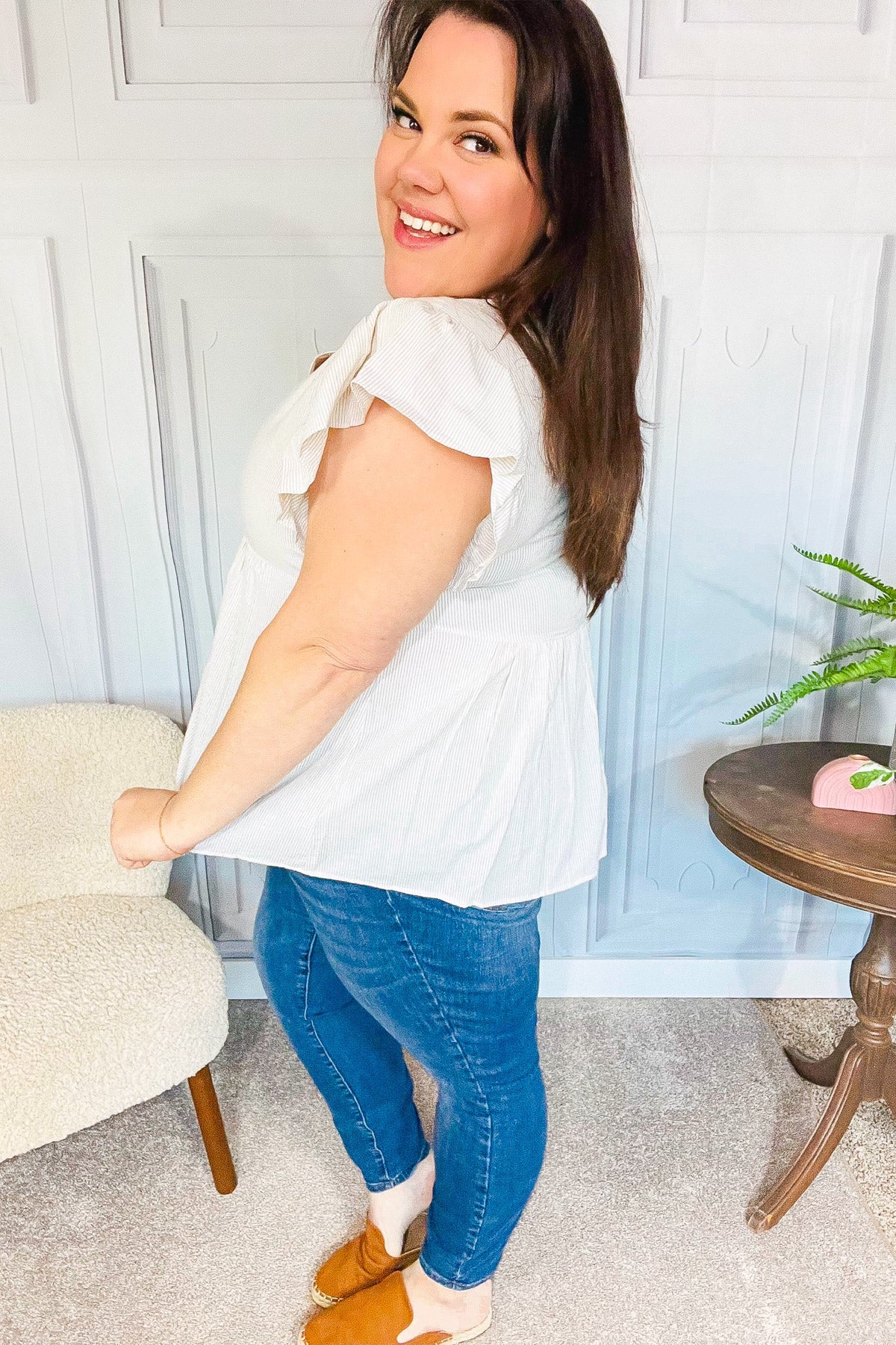 Weekend Ready Taupe Embroidered Notched Neck Babydoll Top-Modish Lily, Tecumseh Michigan