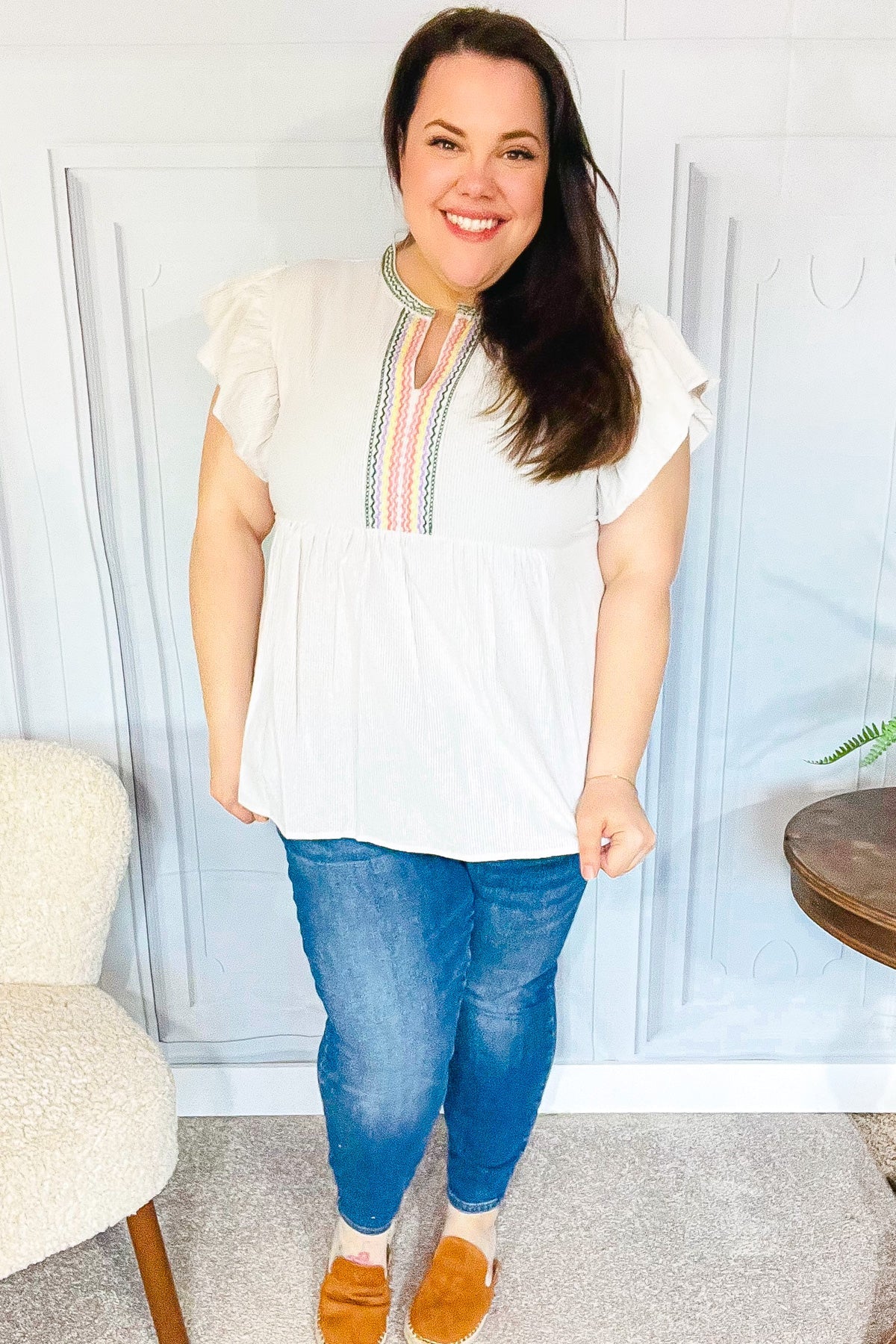 Weekend Ready Taupe Embroidered Notched Neck Babydoll Top-Modish Lily, Tecumseh Michigan