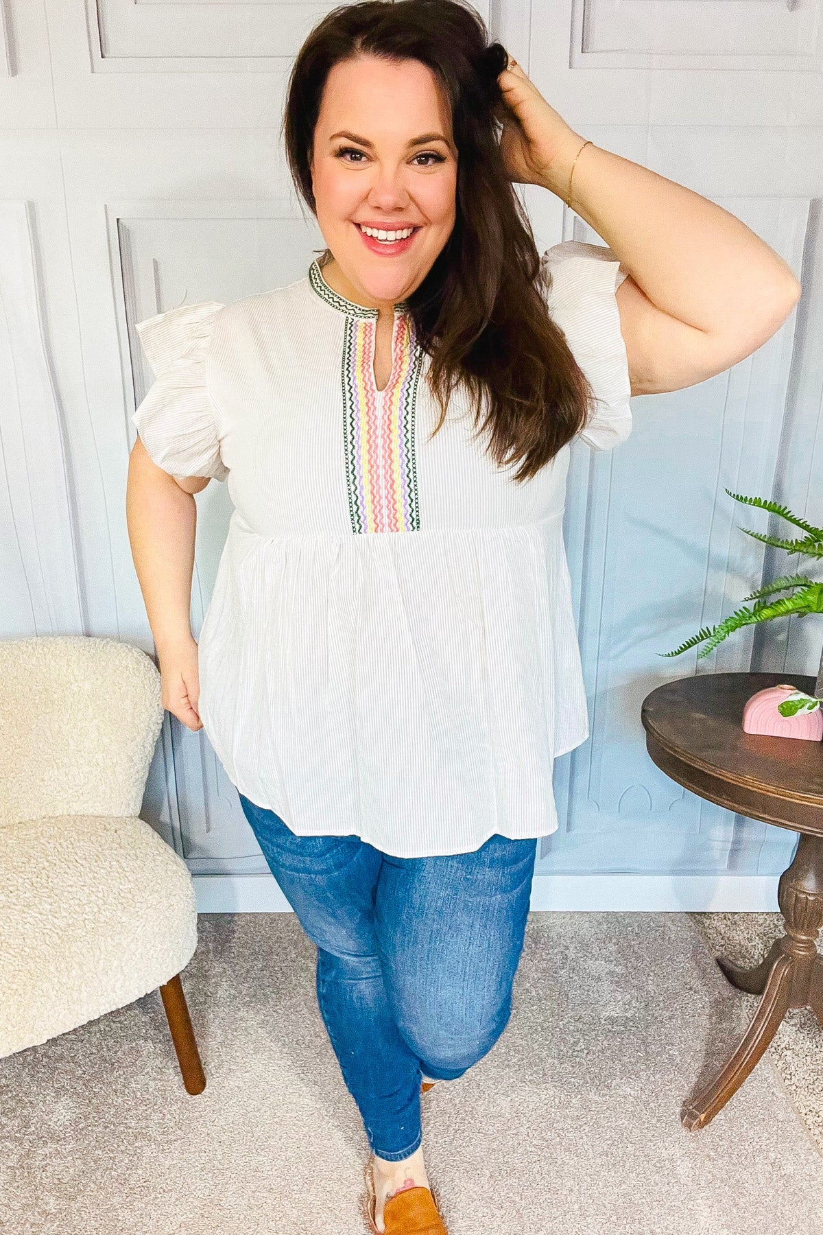 Weekend Ready Taupe Embroidered Notched Neck Babydoll Top-Modish Lily, Tecumseh Michigan