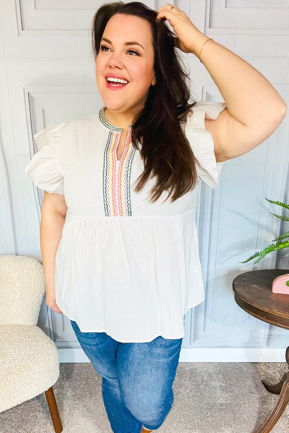 Weekend Ready Taupe Embroidered Notched Neck Babydoll Top-Modish Lily, Tecumseh Michigan