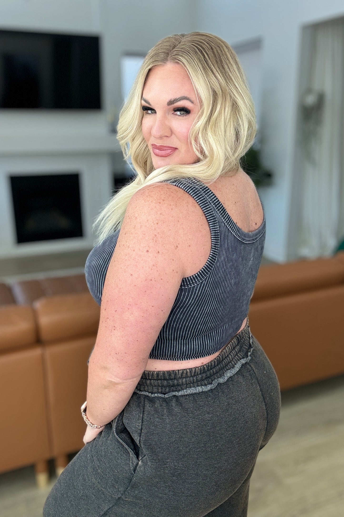 Stone Washed Ribbed Seamless Top In Ash Black-Tops-Modish Lily, Tecumseh Michigan