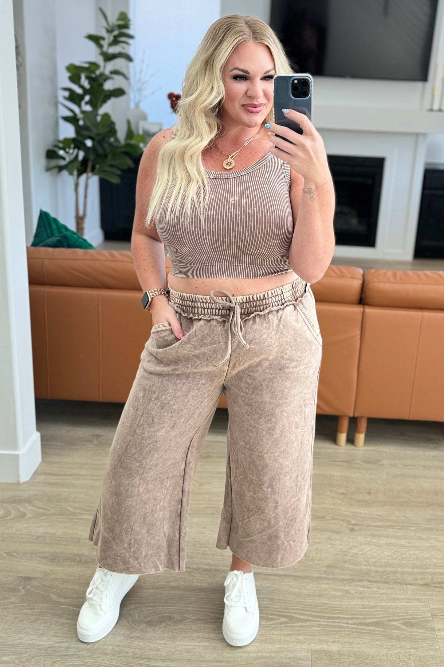 Acid Wash Wide Leg Sweatpants in Mocha-Bottoms-Modish Lily, Tecumseh Michigan