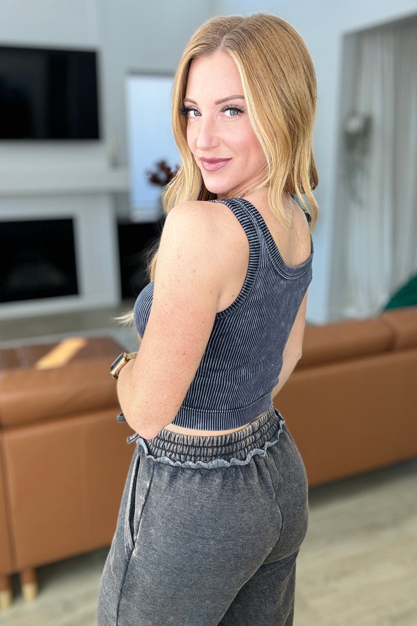 Stone Washed Ribbed Seamless Top In Ash Black-Tops-Modish Lily, Tecumseh Michigan
