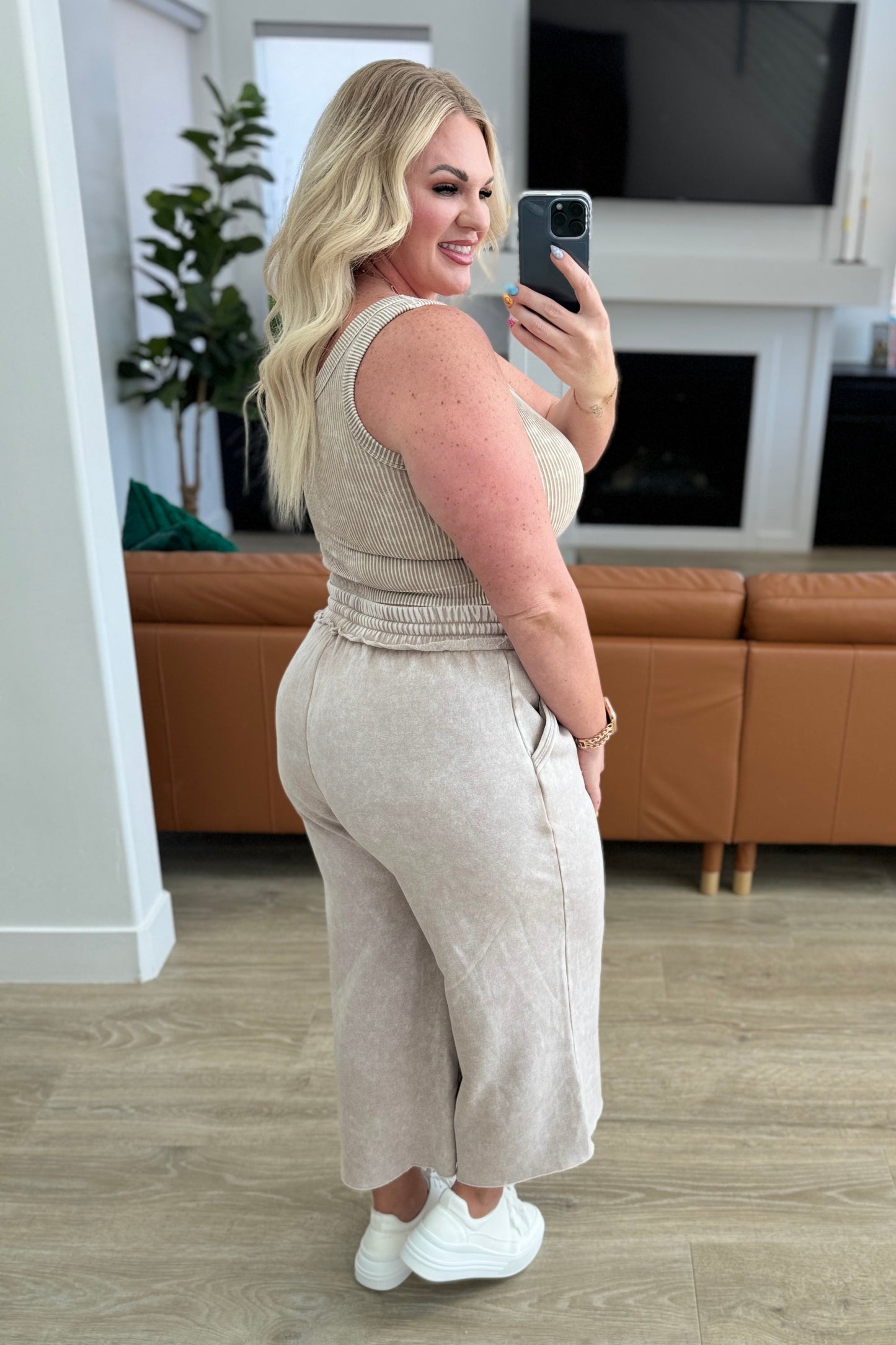 Acid Wash Wide Leg Sweatpants in Ash Mocha-Bottoms-Modish Lily, Tecumseh Michigan