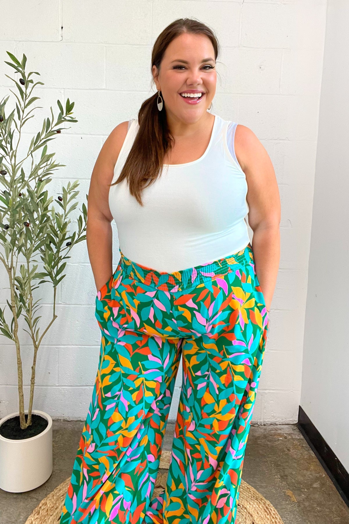 Summer Vibes Green & Orange Abstract Print Smocked Palazzo Pants-2024 Summer Blow Out Sale-Modish Lily, Tecumseh Michigan