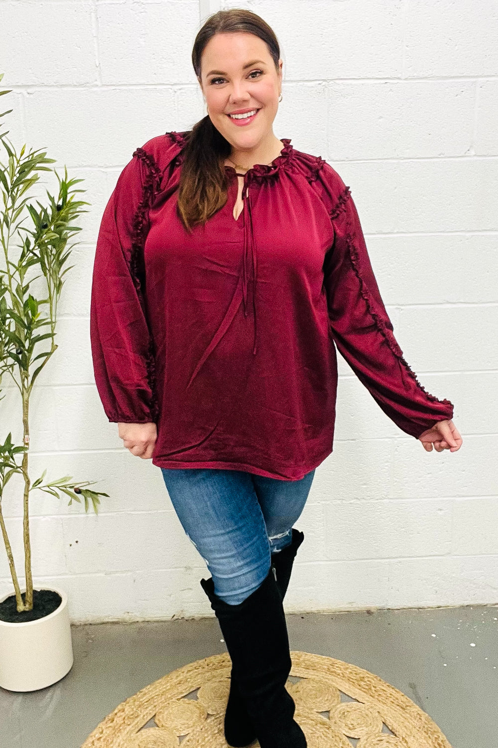 Holiday Vibes Burgundy Frill Detail Tie Neck Satin Top-Modish Lily, Tecumseh Michigan