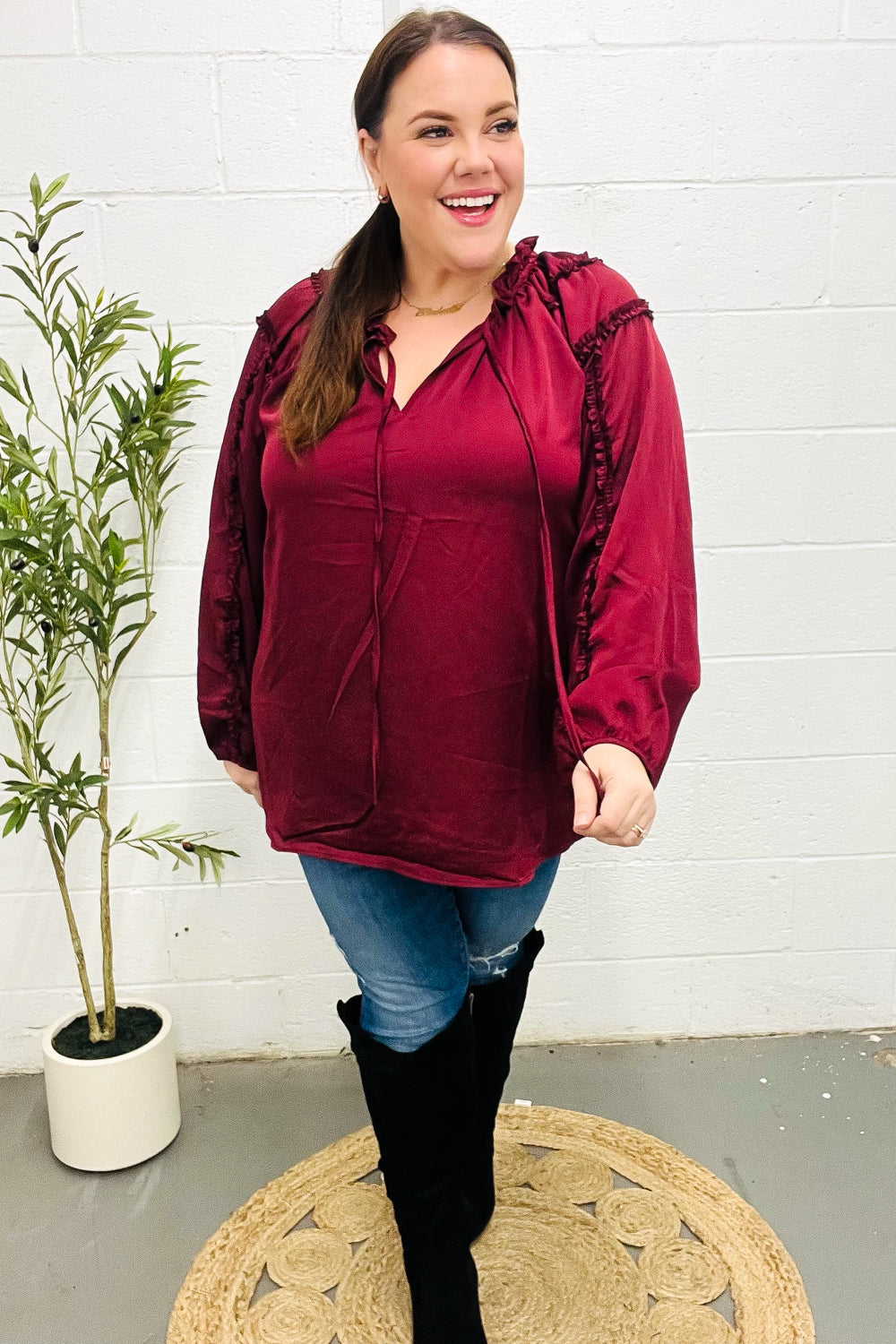 Holiday Vibes Burgundy Frill Detail Tie Neck Satin Top-Modish Lily, Tecumseh Michigan