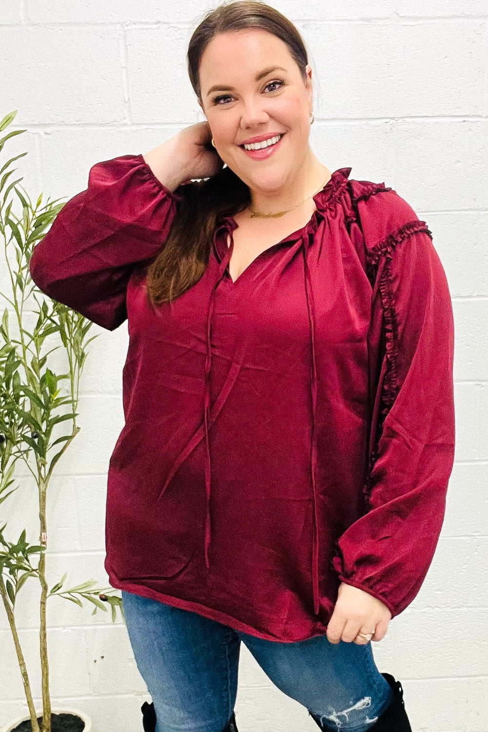 Holiday Vibes Burgundy Frill Detail Tie Neck Satin Top-Modish Lily, Tecumseh Michigan