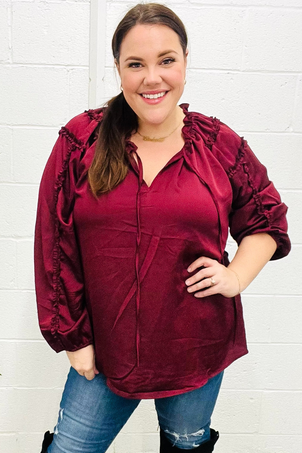 Holiday Vibes Burgundy Frill Detail Tie Neck Satin Top-Modish Lily, Tecumseh Michigan