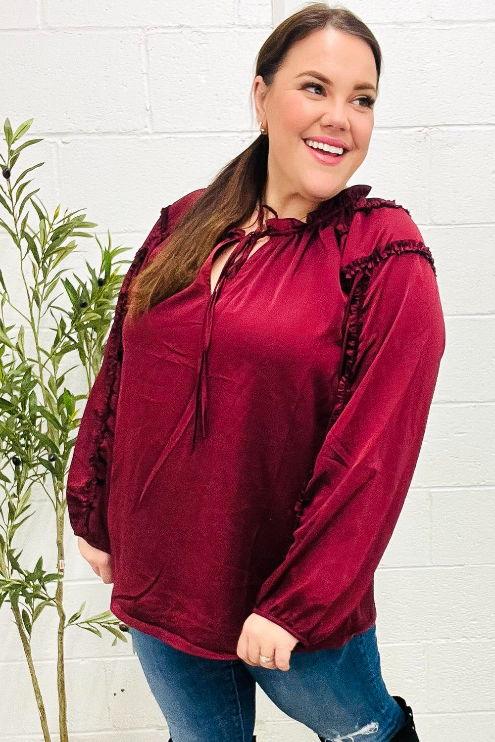 Holiday Vibes Burgundy Frill Detail Tie Neck Satin Top-Modish Lily, Tecumseh Michigan