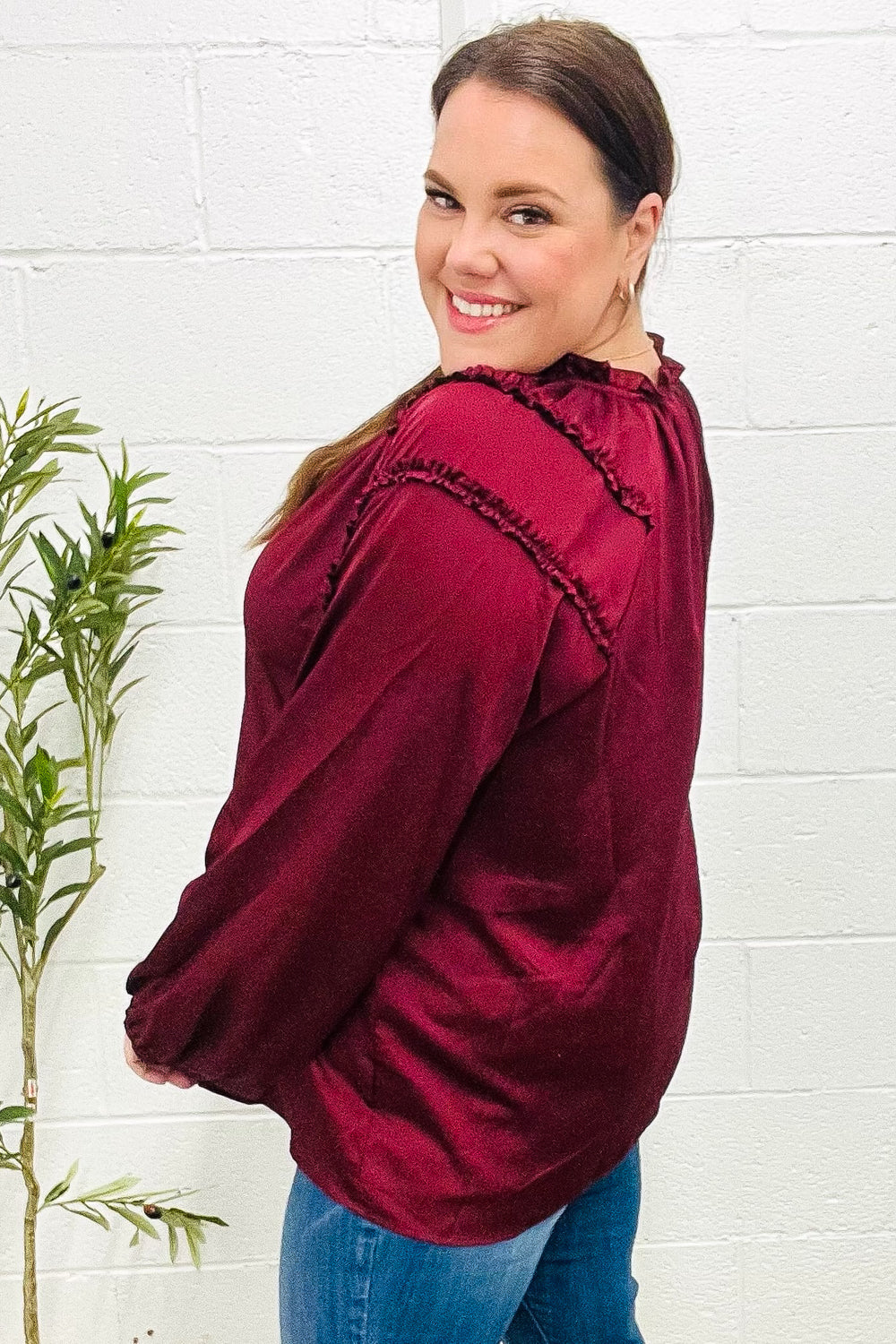 Holiday Vibes Burgundy Frill Detail Tie Neck Satin Top-Modish Lily, Tecumseh Michigan
