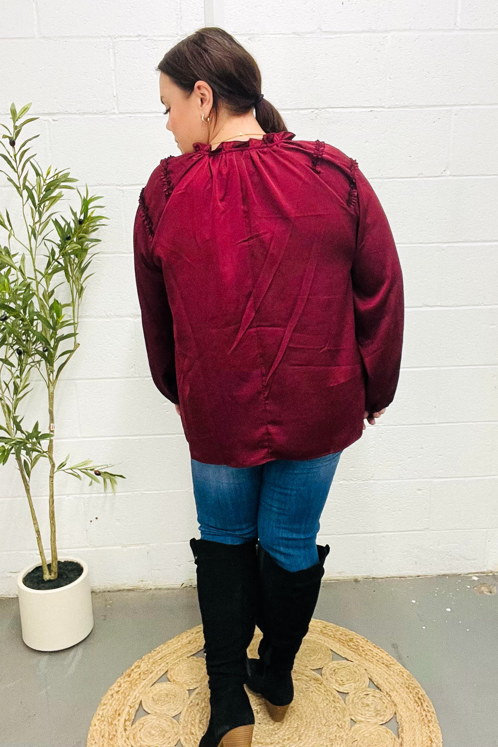 Holiday Vibes Burgundy Frill Detail Tie Neck Satin Top-Modish Lily, Tecumseh Michigan